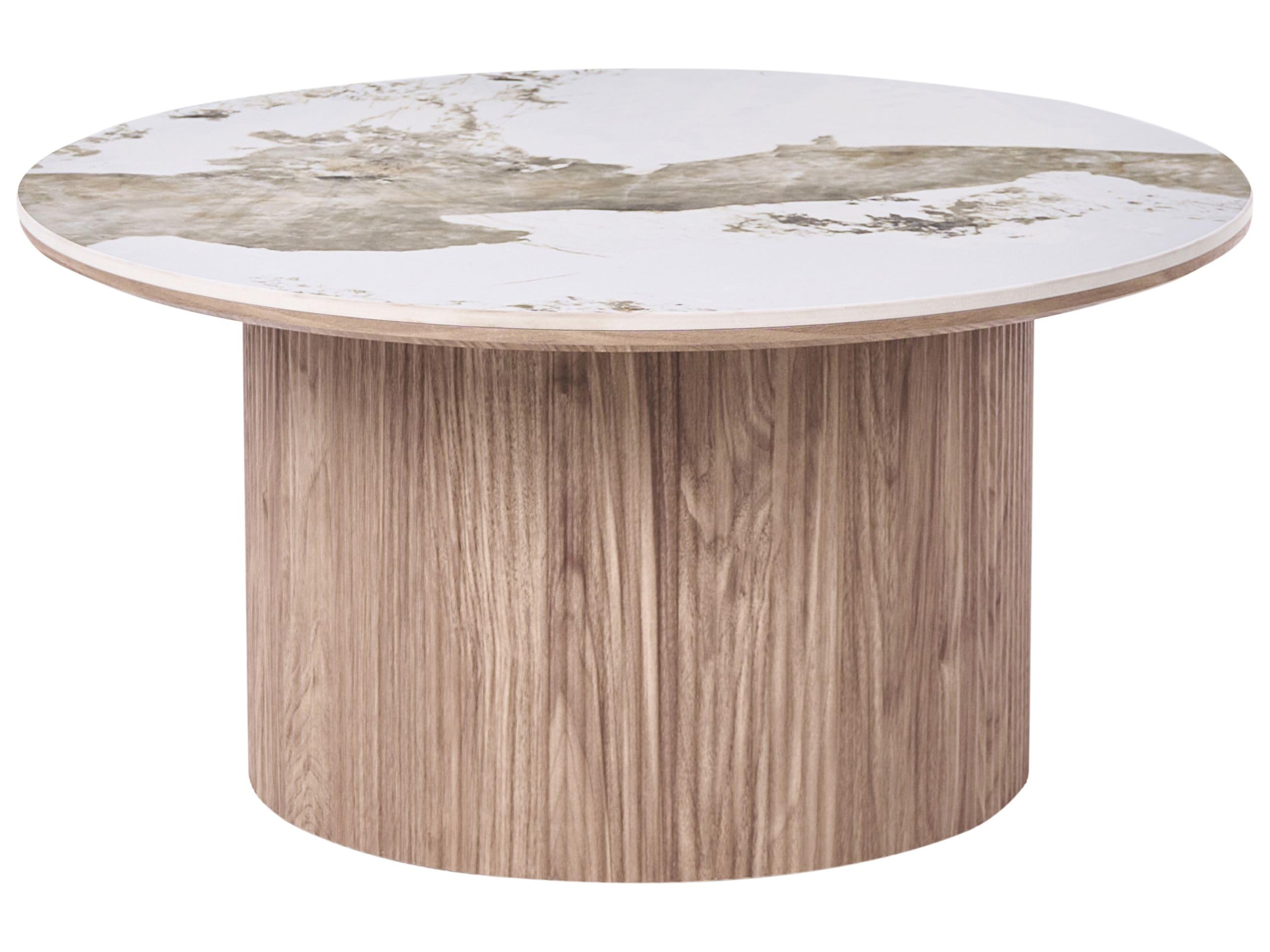 Beliani Couchtisch Keramik Marmor Optik weiß/braun rund ⌀ 80 cm mit Rillen Standfuß Dora