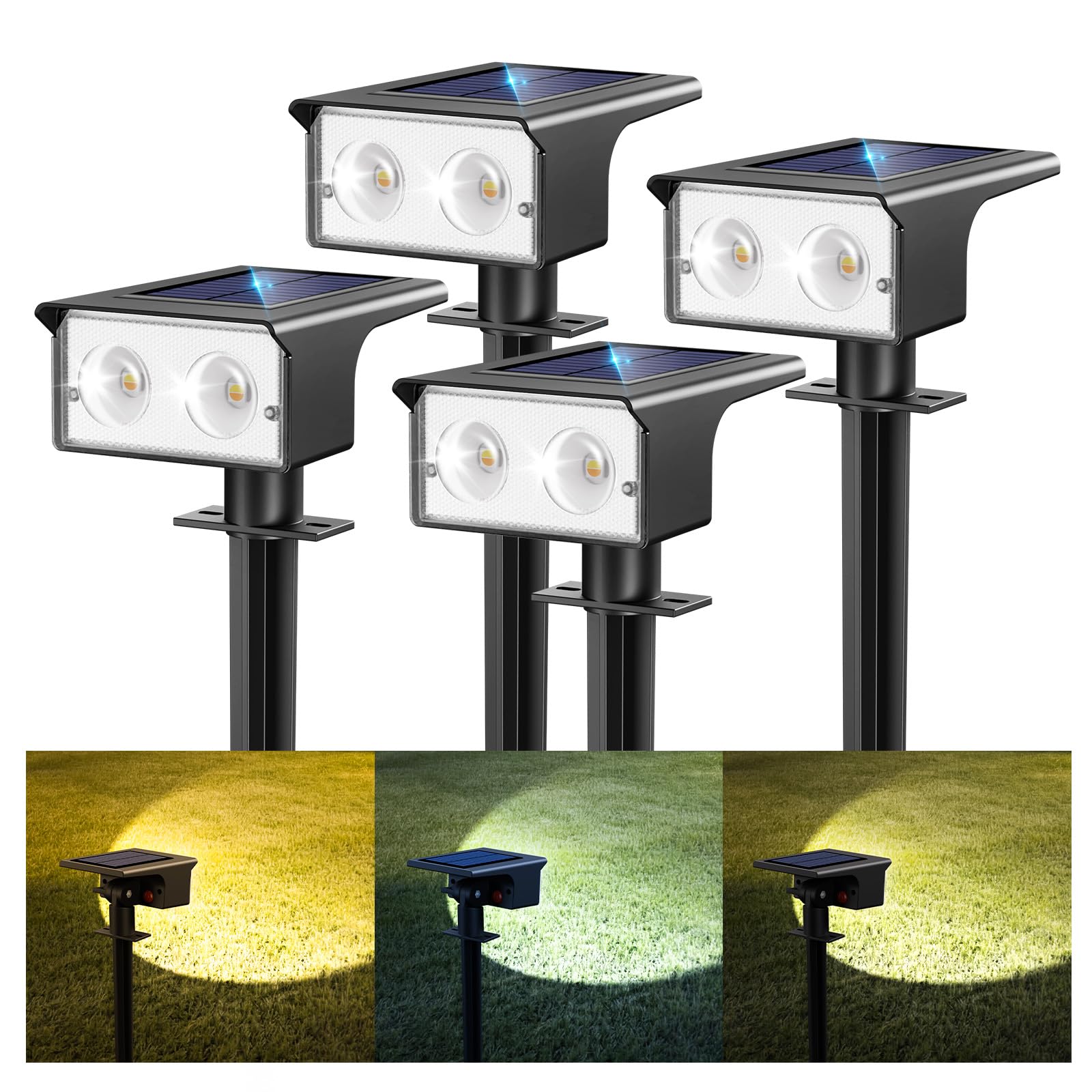 btfarm 4 Pack Solar Lights Outdoor Garden, 3000K/4500K/6000K Solar Spot Lights 3 Modes IP65 Waterproof Garden Spotlights Solar Powered, Auto ON/Off for Yard Driveway Pathway Landscape Lawn