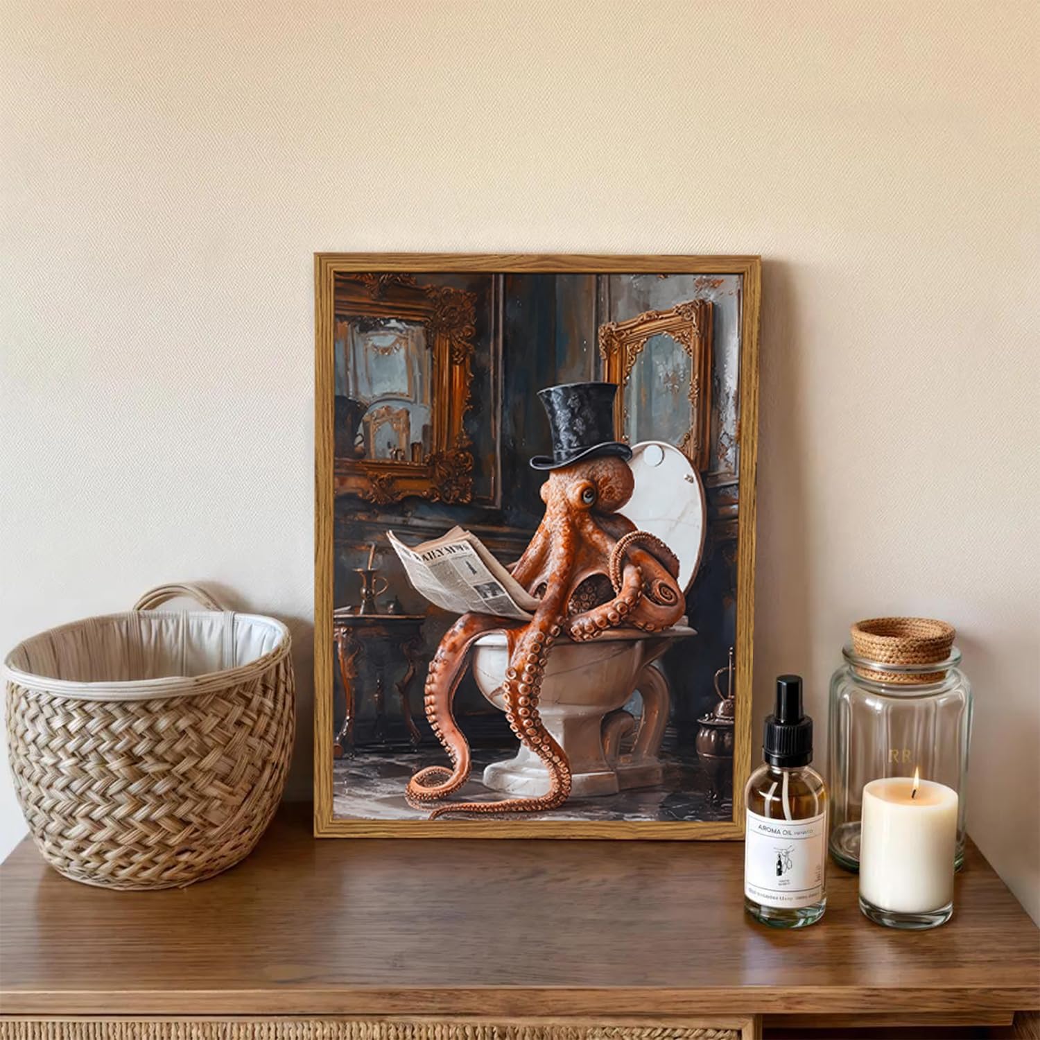 Framed Funny Bathroom Wall Art, Vintage Octopus Reading Newspaper on Toilet Pictures Wall Decor, Steampunk Ocean Animal Paintings Canvas Prints Whimsical Home Decor for Restroom Dorm 12x16 inch