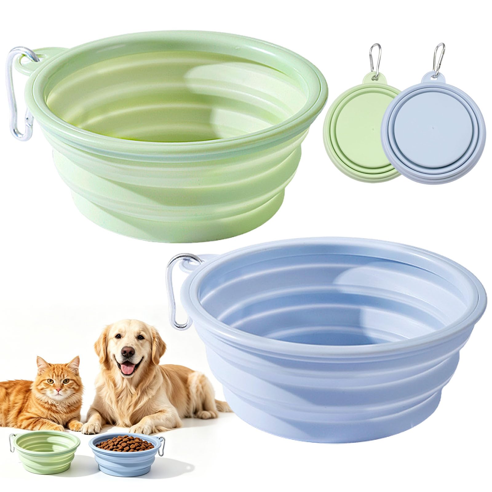 Comedero Perro Plegable 2 Piezas con Mosquetón, Cuenco Perro Plegable de Silicona, Bebedero Perro Portátil para Agua y Comida, Comedero de Viaje para Paseo (Azul y verde-350ml)