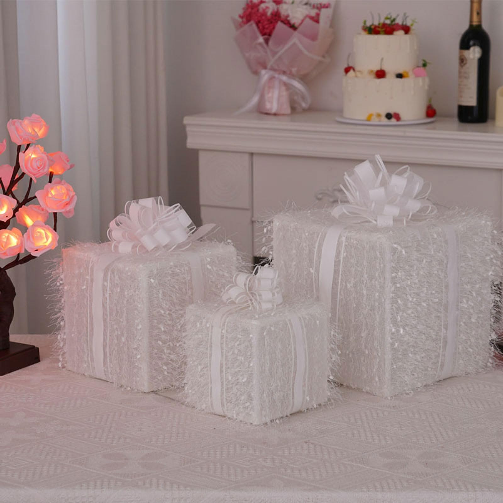 ozdoby świąteczne, Pudełko prezentowe LED na Boże Narodzenie, 3 sztuki, z pilotem i 8 trybami, białe, 15-25 cm(White Brocade Gift Box,Colorful)