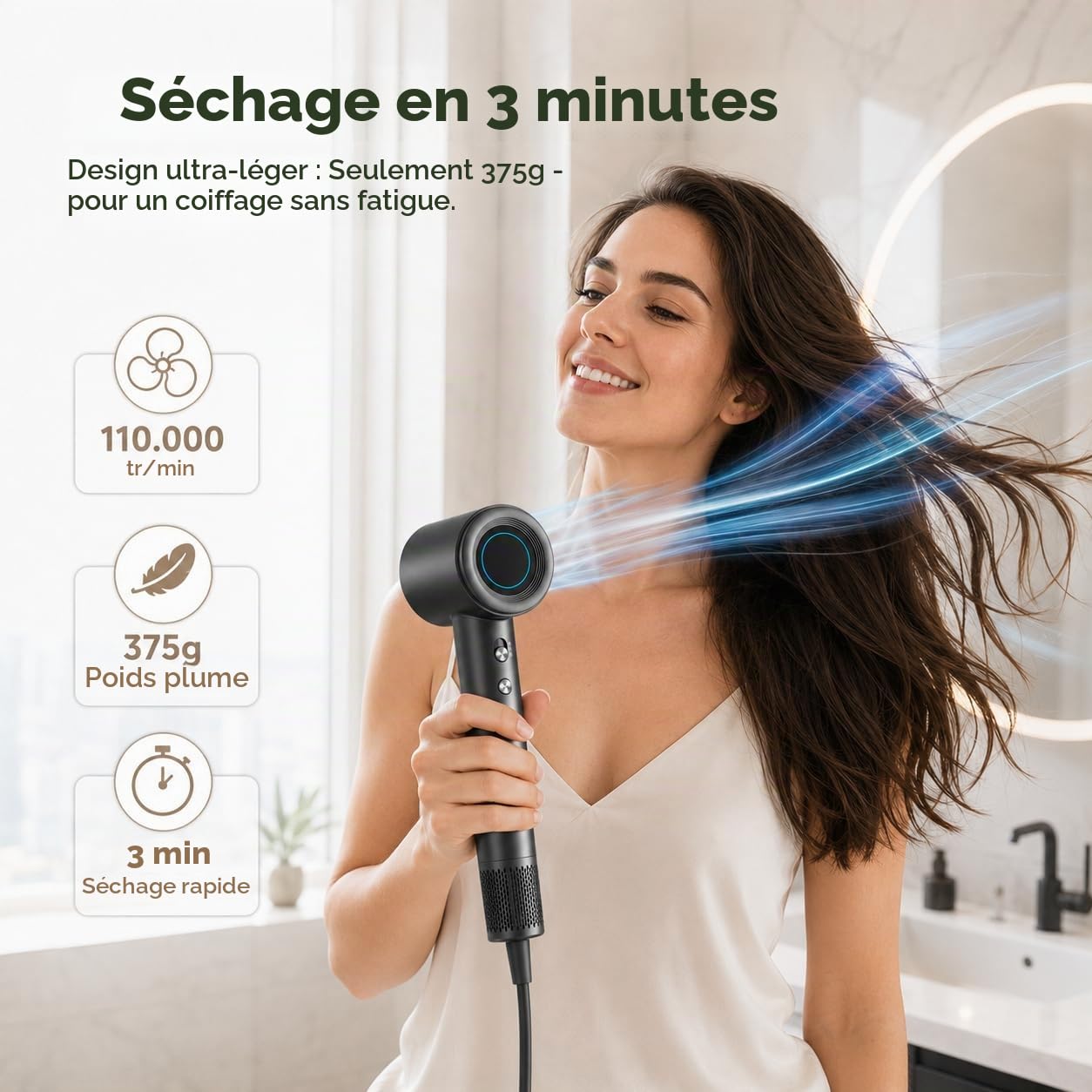BOWEI Sèche Cheveux Ionique Haute Vitesse, Moteur Sans Brosse 110000 tr/min, Séchage Rapide, Anti-Frisottis, Contrôle Intelligent de la Température, Léger et Silencieux avec Étui de Rangement