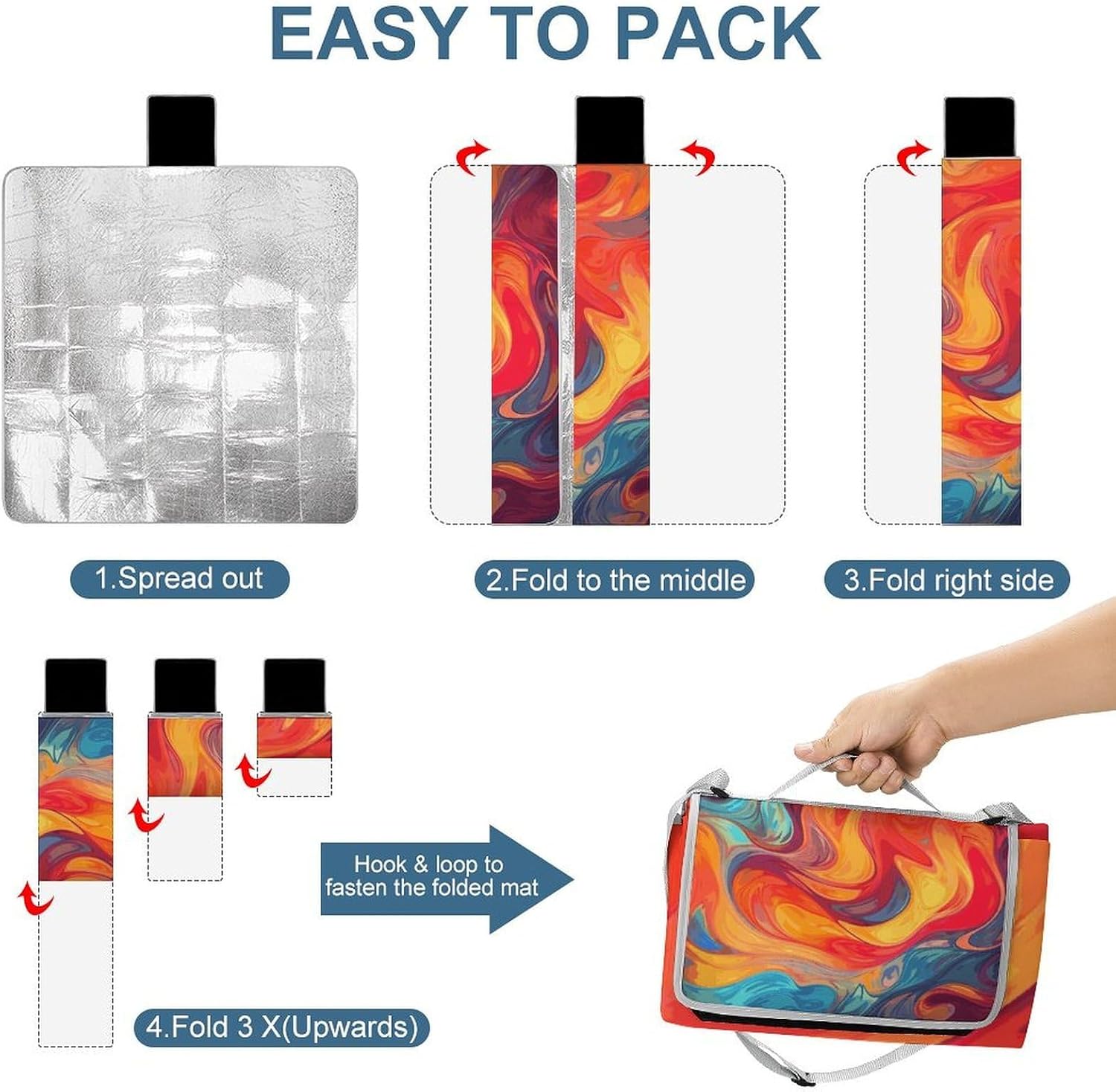 Artistic Effect Colorful Waterproof Picnic Blanket 58.3''x58.3'',Portable and Foldable Picnic Mat with Handle,Outdoor Blankets for Lawn Park Beach Travel