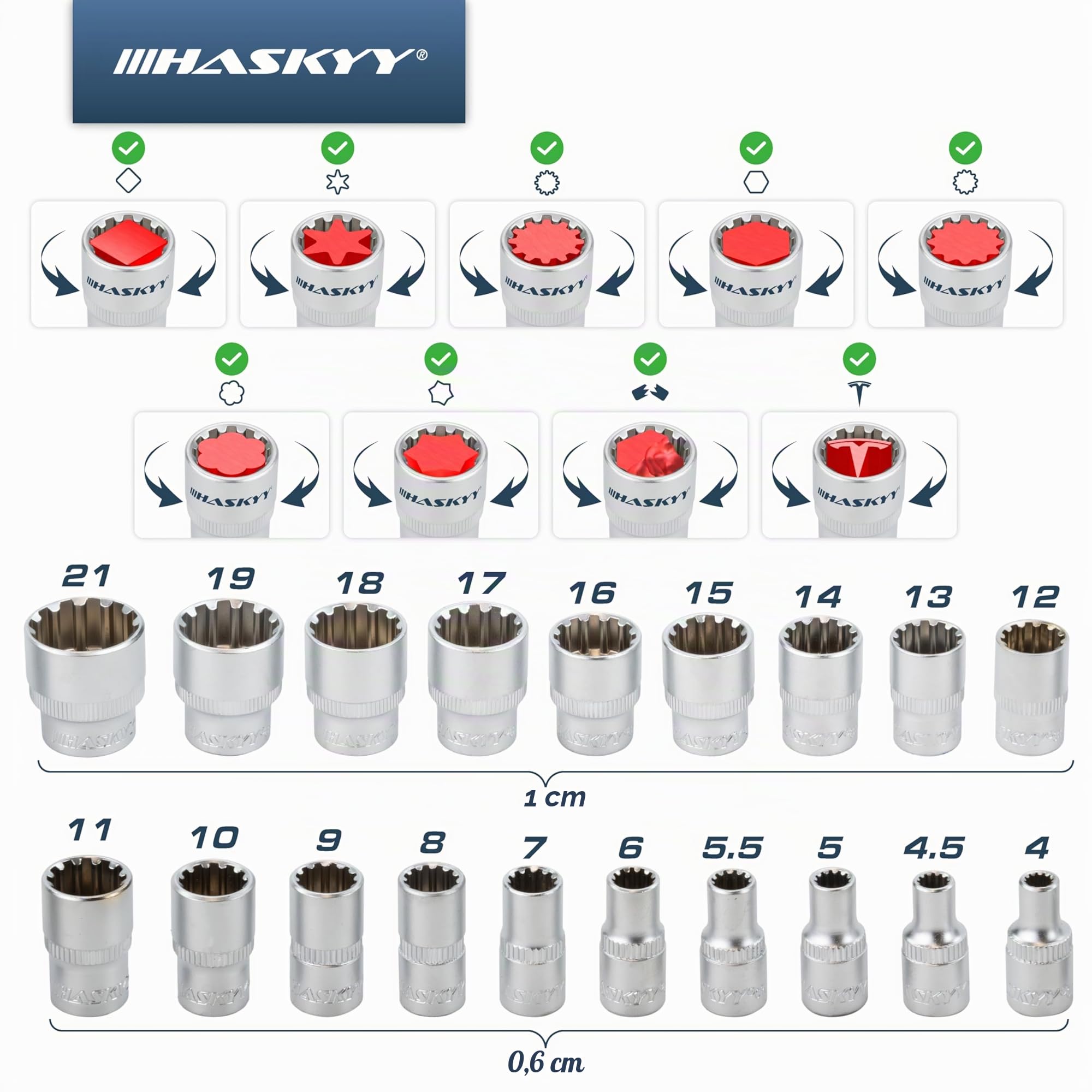 HASKYY Juego de 52 piezas de llaves de vaso Gear Lock TORX, con perfil XZN, perfil E, de diversas pulgadas, para tornillos de 6 y 12 caras, en tamaños métricos
