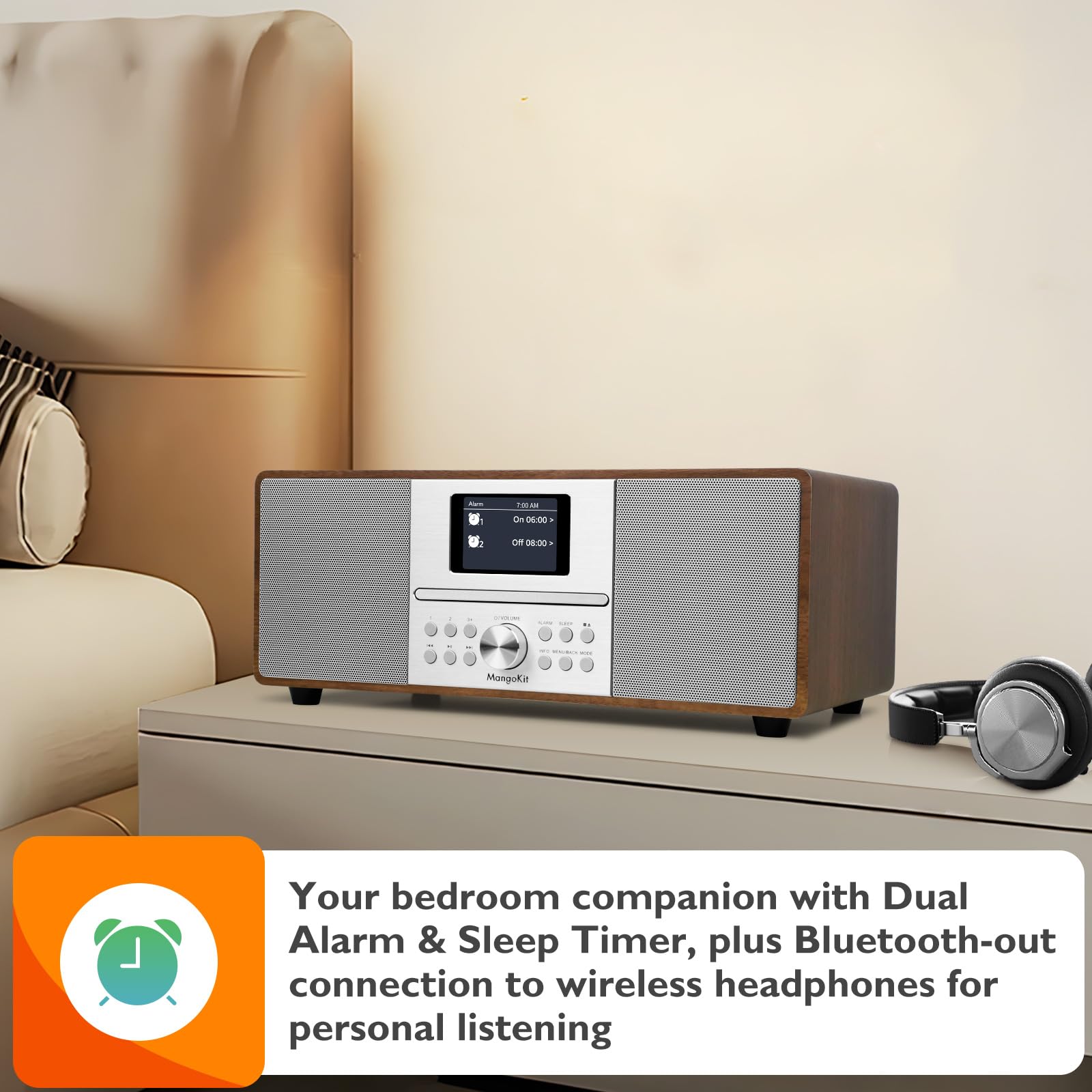 MS4 Lettore CD Radio DAB Sistema Hifi I Bluetooth I Potente sistema stereo I Radio digitale DAB+IAcoustic Wood Cabinet I Lettore CD I 40 preset, Jack per cuffie I Finitura noce
