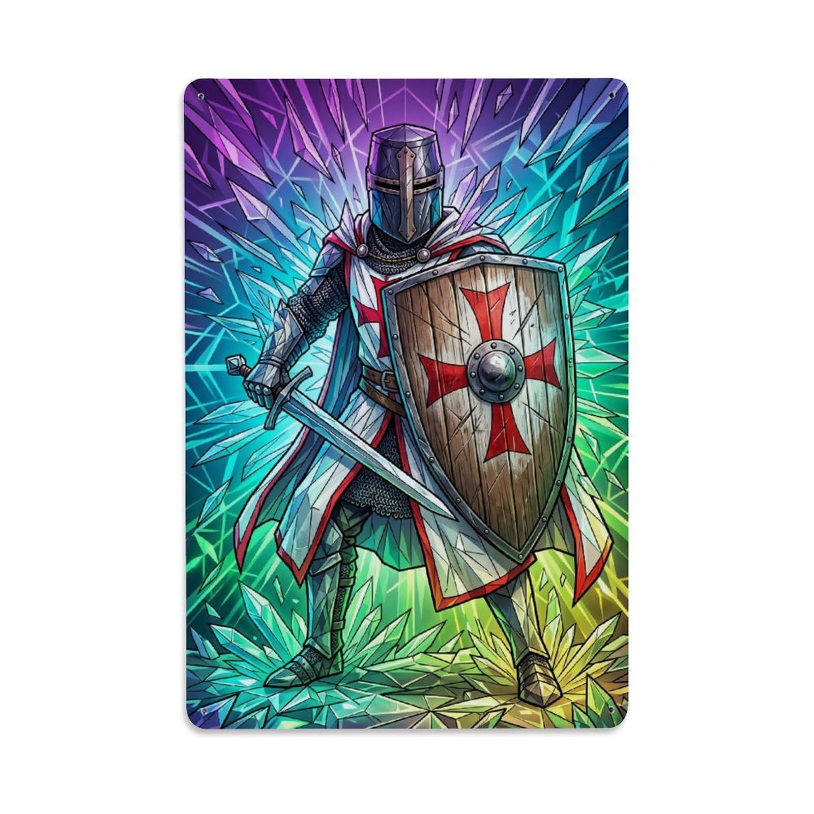 Olhnbad Style Shield Bearer Medieval Armour Templar Knight Prismatic Metal Tin Sign