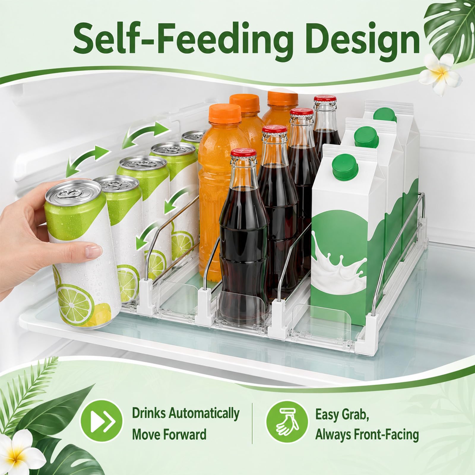Organizer per bevande per frigorifero, 5 file di scorrimento automatico, larghezza regolabile, dispenser per lattine di soda per frigorifero, può contenere fino a 25 lattine