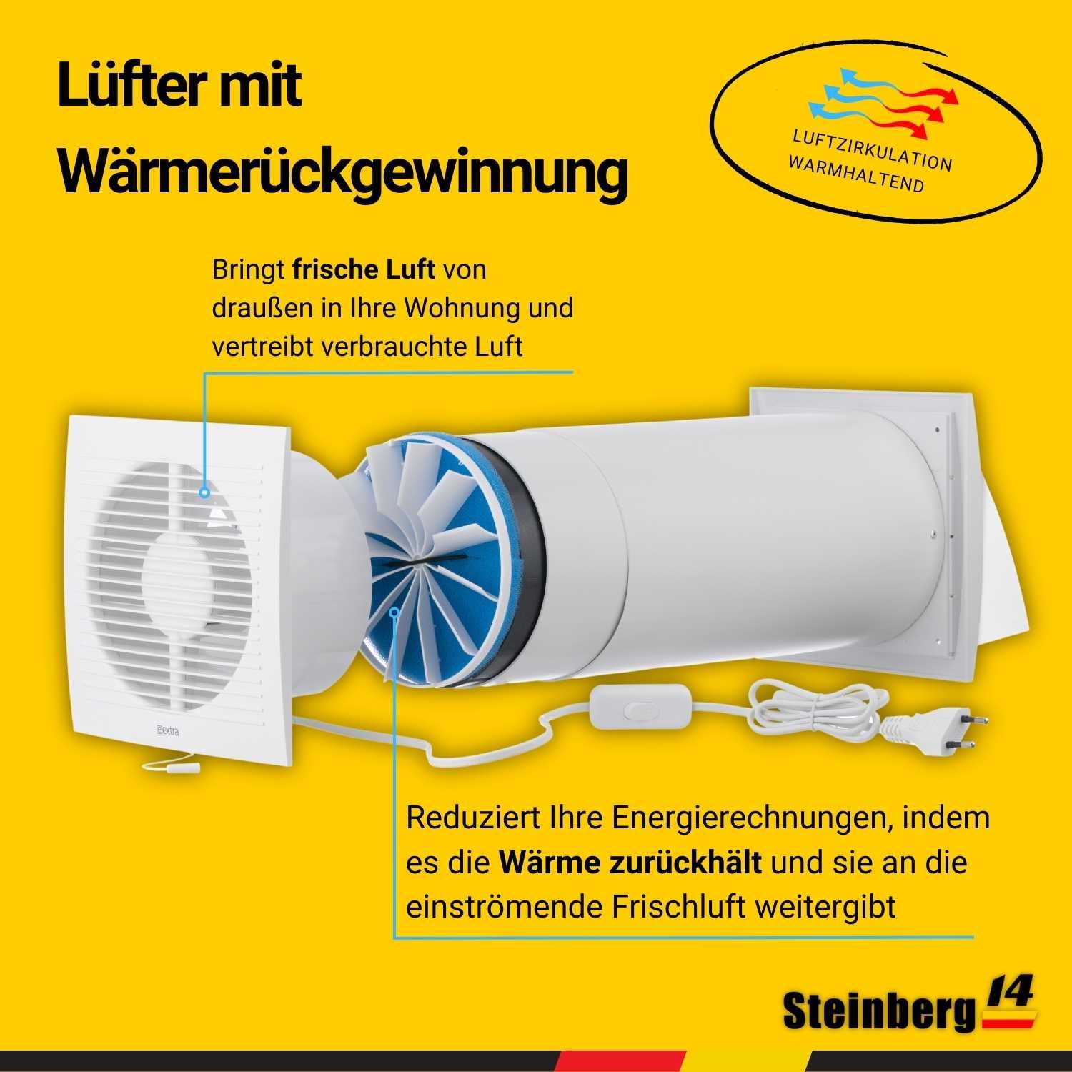 Steinberg14 Weiß 150mm Dezentrale Lüftung mit Wärmerückgewinnung - Rekuperator mit Kabel und Zugschnur - Wandlüfter mit Wärmetauscher - Raumbelüftung Wohnraumlüftung Belüftungssystem Lüftungsanlage