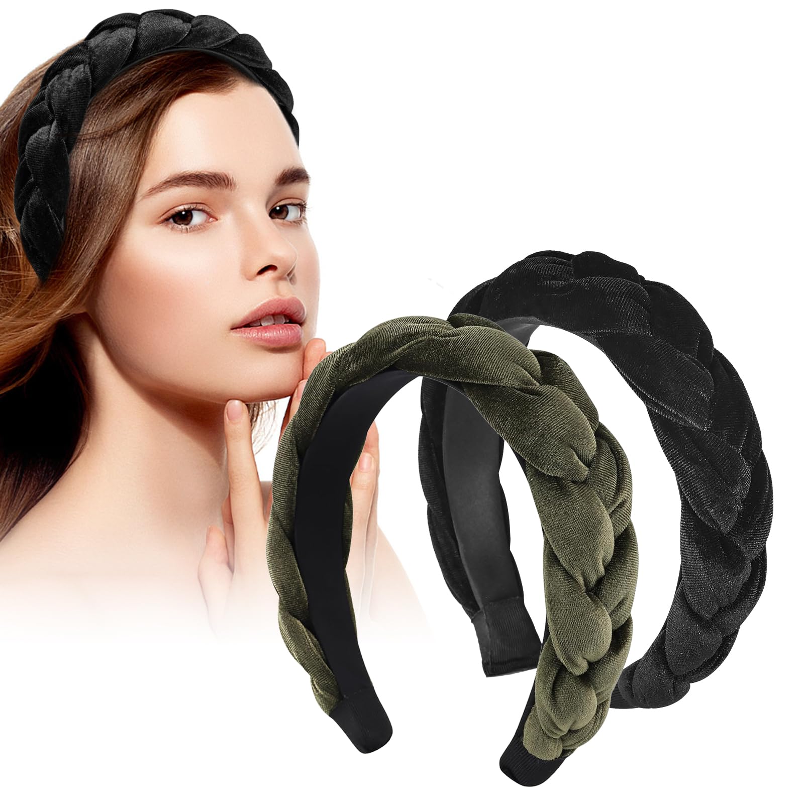 LOPHE Velvet Braided Headband, 2Pcs Twisted Braid Rough Edge Hair Band