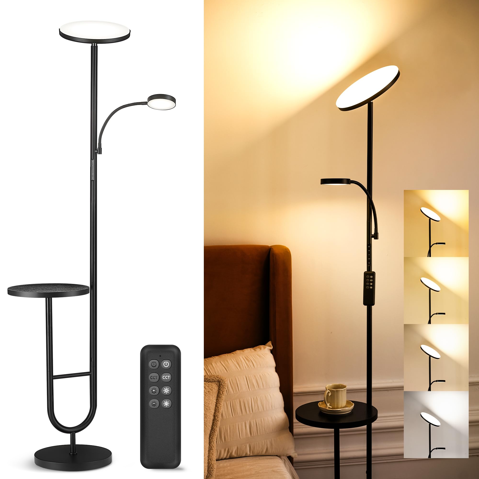 Lámpara de Pie LED con Mesa, 36W+7W Regulable 3200LM+600LM con Mando, Cabezal Giratorio 350°, 2700K-6500K, Lámpara Moderna para Salón Negra