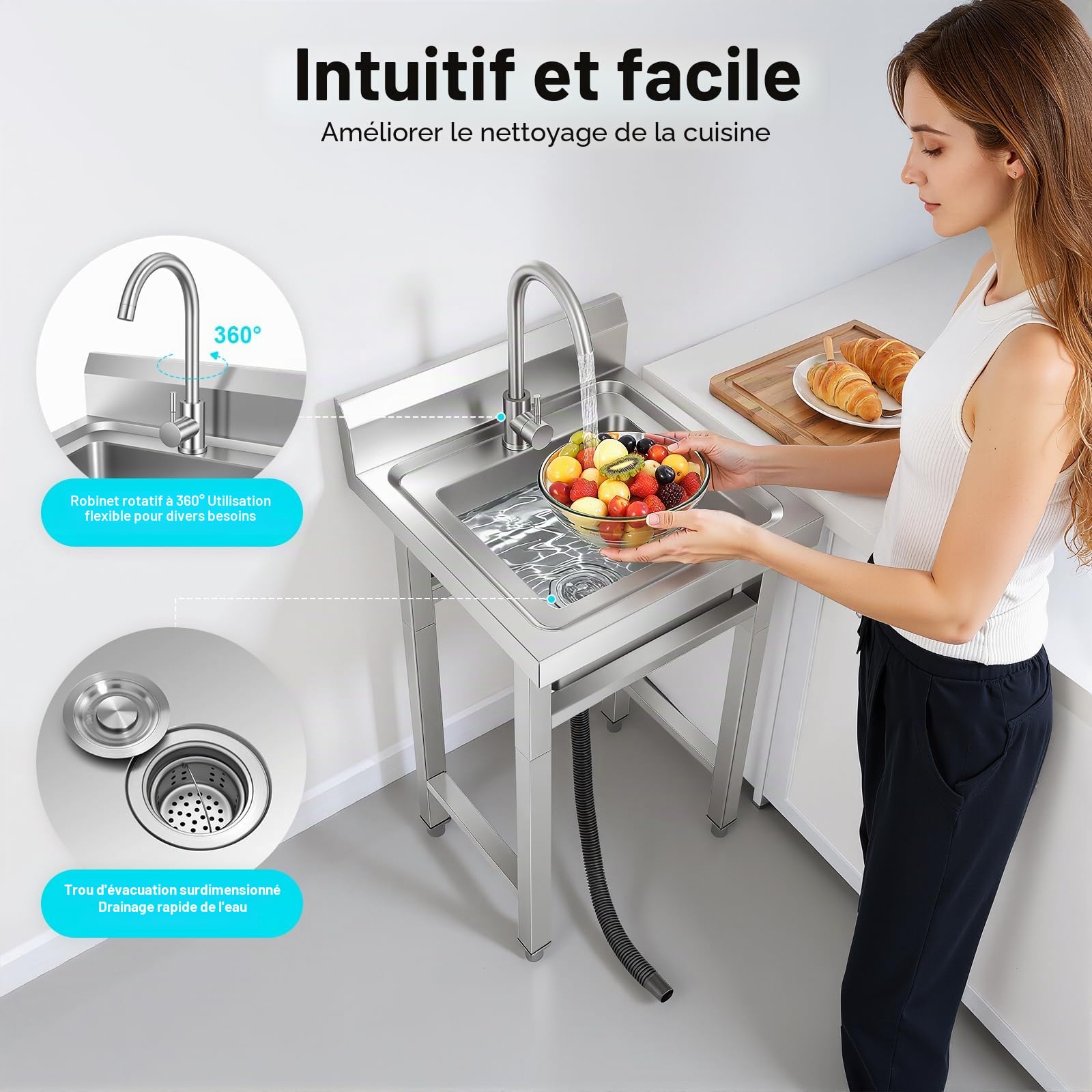 Évier Cuisine sur Pied Évier,Inox Autonome Professionnel avec Robinet Pivotant 360° Étagère et Dosseret Anti-Éclaboussures (50×50×93cm)