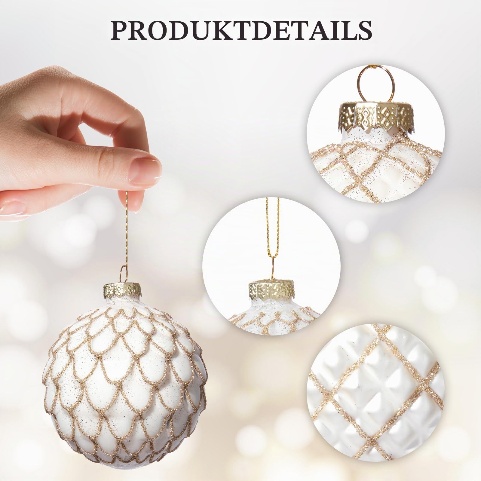 DN DECONATION Weihnachtskugeln Set 12-teilig - Weiß Gold Vintage Glaskugeln