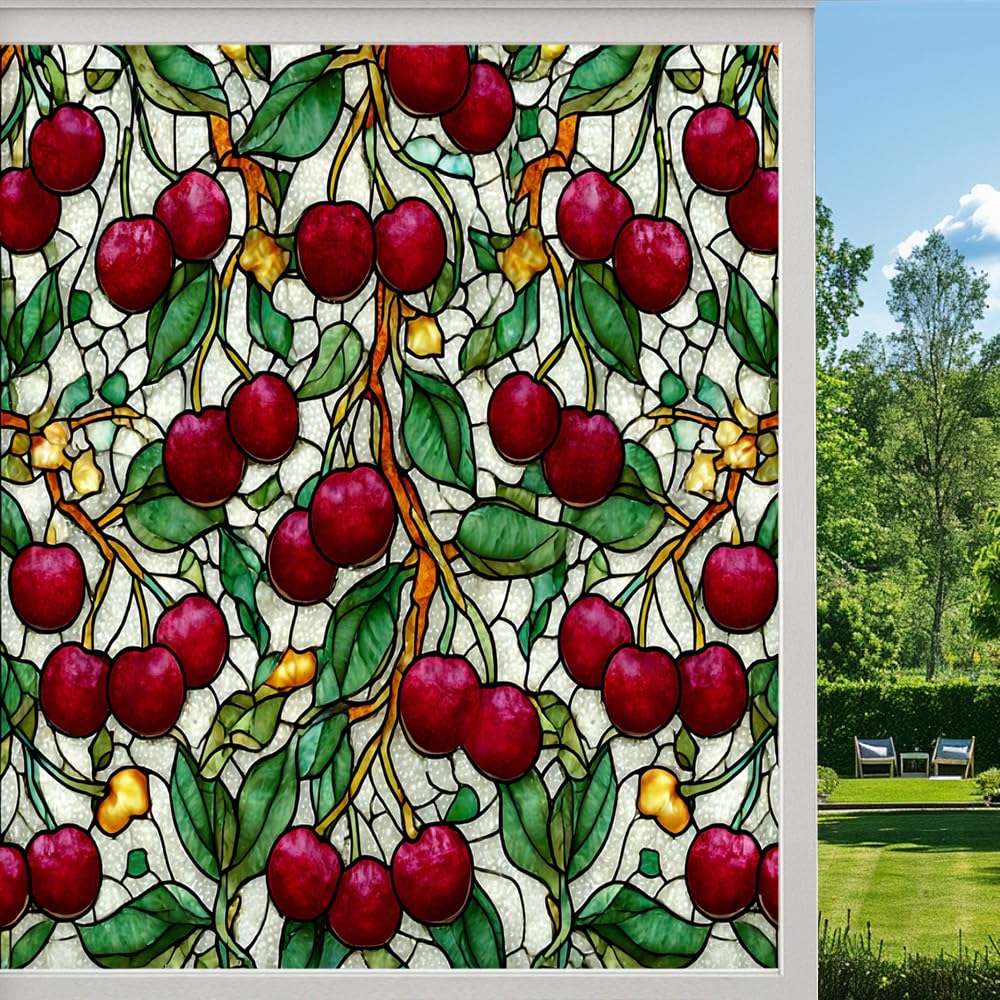 Colorful Botanical Privacy Window Film, Colored Mosaic Cherry Frosted Self-Adhesive Vinyl Cling for Glass Doors Bathroom Windows Sun Blocking Heat Control, （55x120cm）