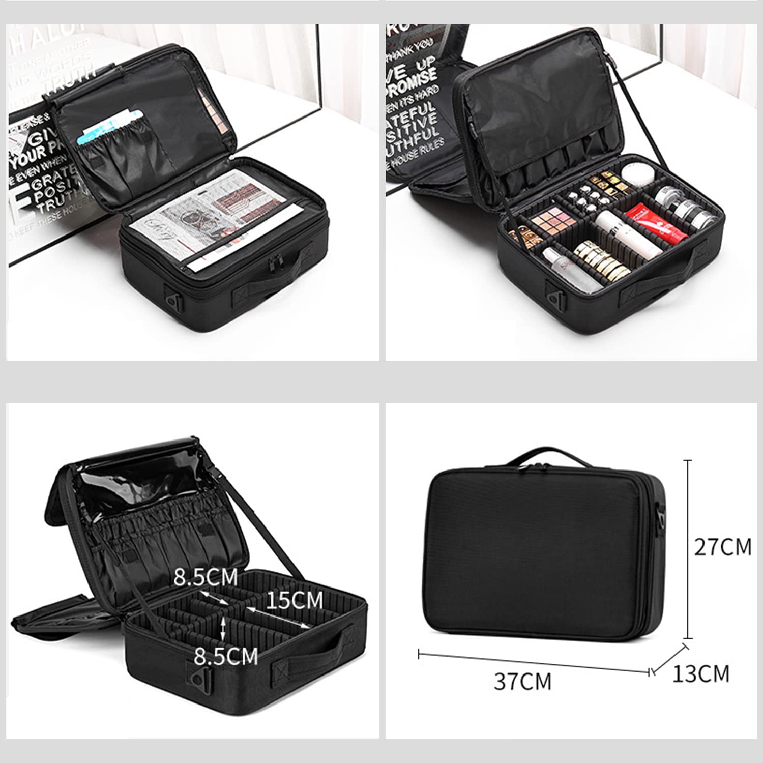Trousse da viaggio in velluto, organizer per trucchi con manico, porta pennelli e articoli da toeletta, per donne e ragazze, L Nero