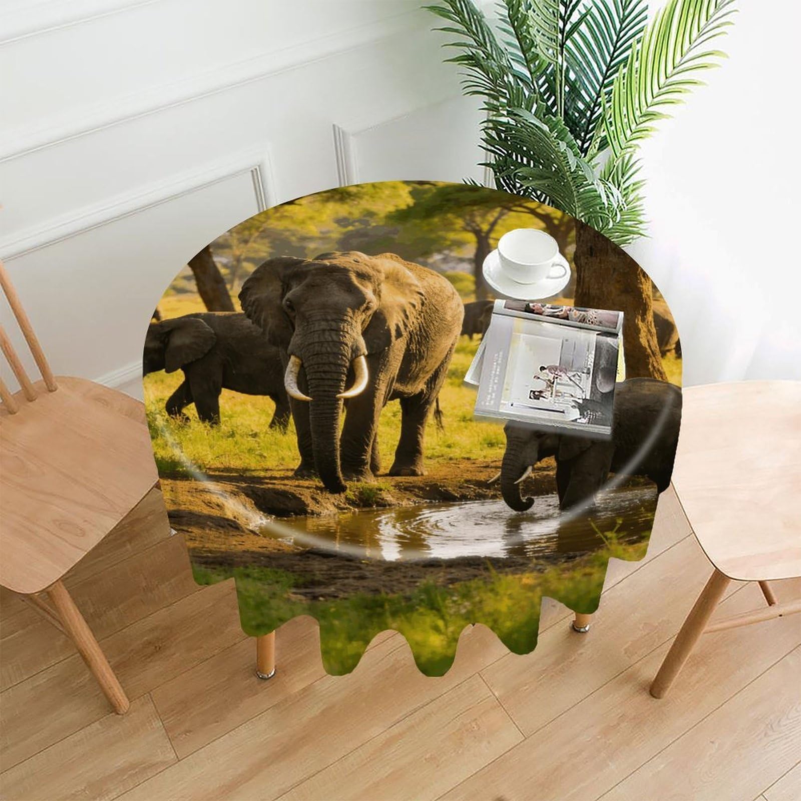 LZQPOEAS Natural Trees and Elephants Tablecloth Easy to Clean Polyester Round Table Cover Washable Round Table Cloth Wrinkle-Free Circle Decoration Tablecloth for Kitchen and Dining Room 60"