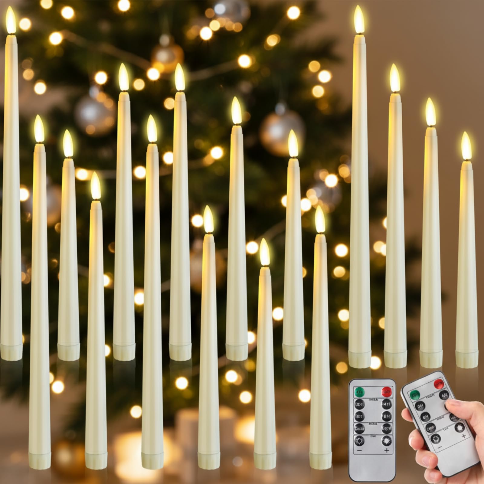 Rossesay 16 Pcs Ivory Flameless Taper Candles Battery Operated Candles with Remote Timer 8.5" 9.6" 10.8" 12.8" Multiple Sizes Ivory LED Flickering