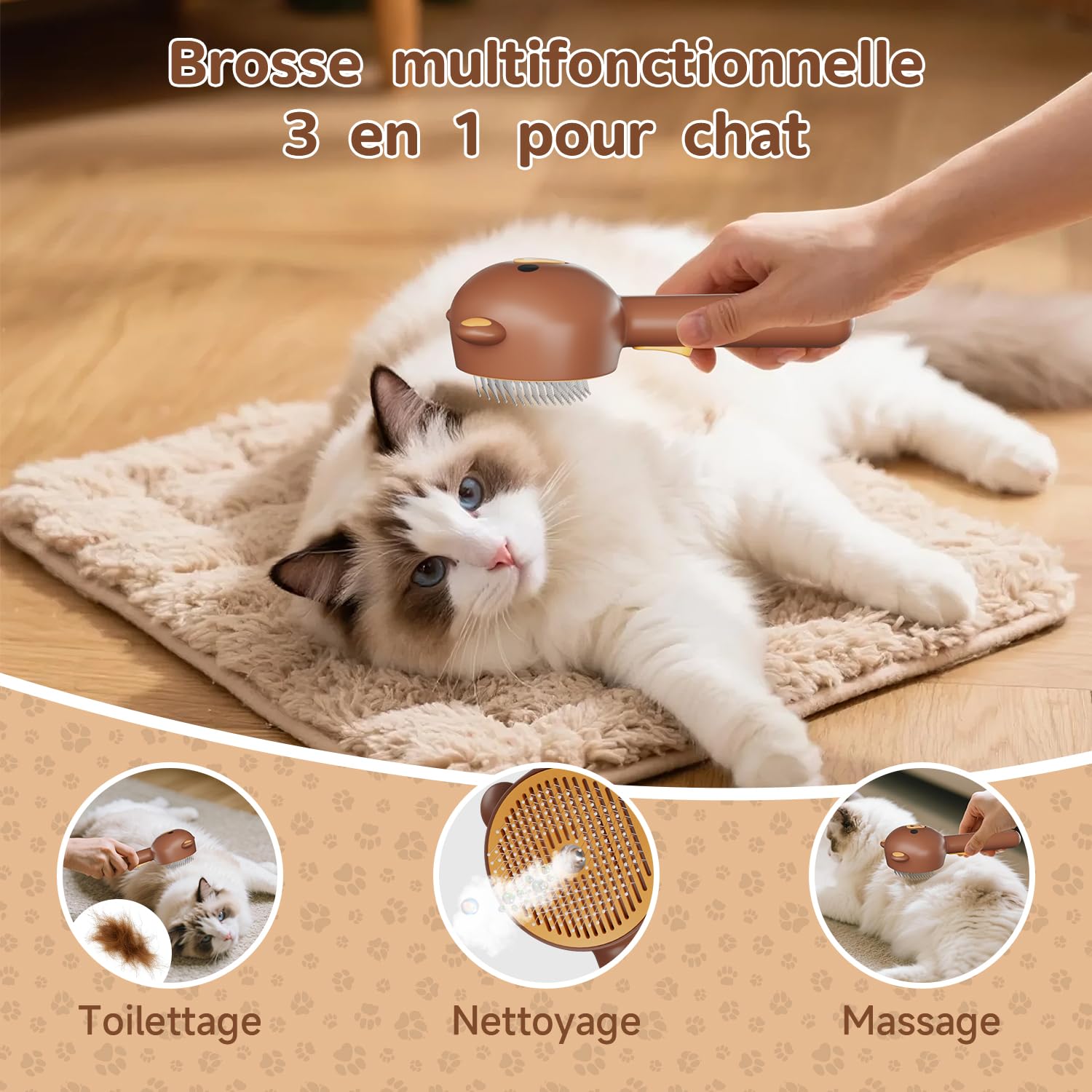 Brosse Chien Chat à Vapeur, 3 En 1 Peigne De Massage En Spray Pour Chats, Brosse à Chat Rechargeable, Avec Réservoir D'eau, Pour Chats à Poils Courts Et Longs, Idéal Pour Massage,Soin
