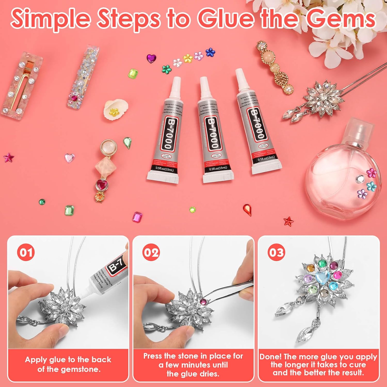 Anezus 900Pcs Jewels for Bedazzling with 3 Pack B7000 Jewelry Glue, Flat Back Craft Gems Rhinestones for Clothing, Sequins Rhinestones Gemstones for Fabric, Decoration