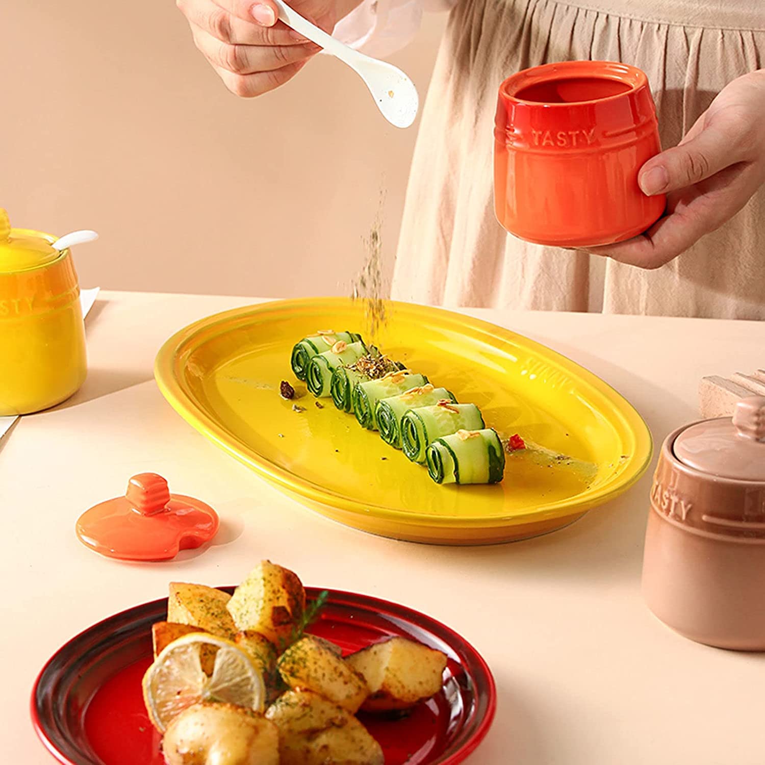 Azucarero de cerámica, jarra for crema, azucarero de cerámica con degradado francés con tapa, azucarero sólido con cuchara, tarro de especias de porcelana, decoración de cocina, almacenamiento, rojo (