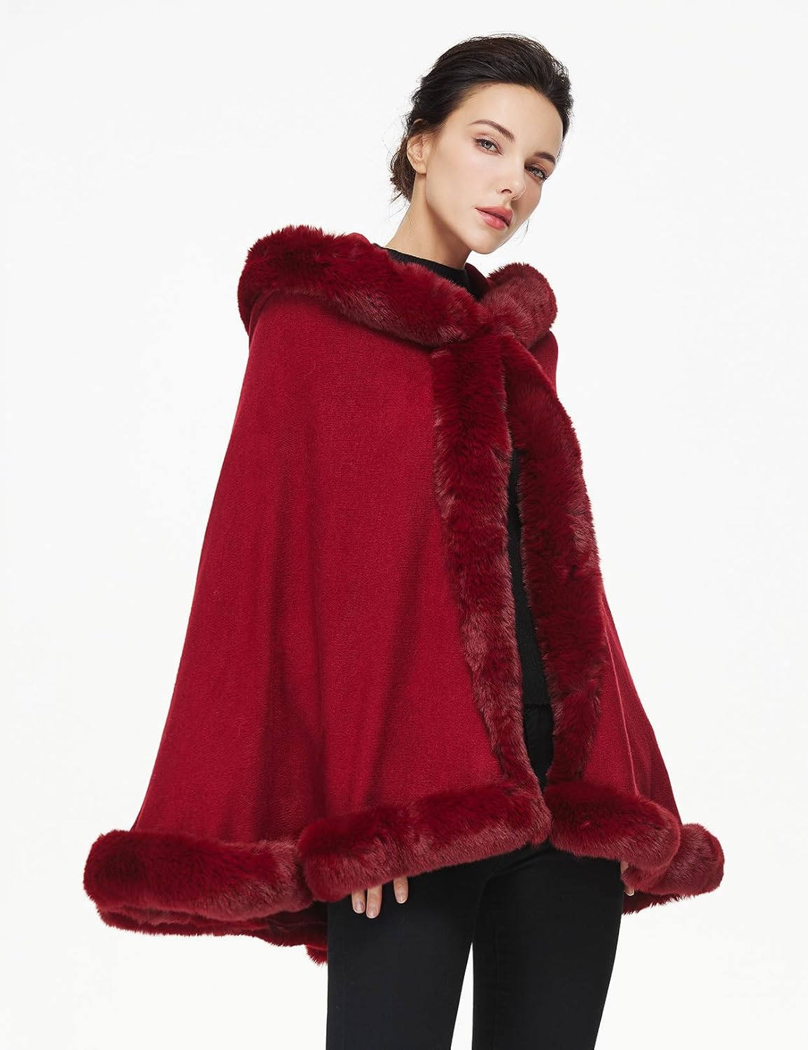 Poncho Hooded Shawl Wrap Women Cape Winter Faux Fur Trim Coat Sleeveless Cardigan Dressy Cloak for Party - Image 2