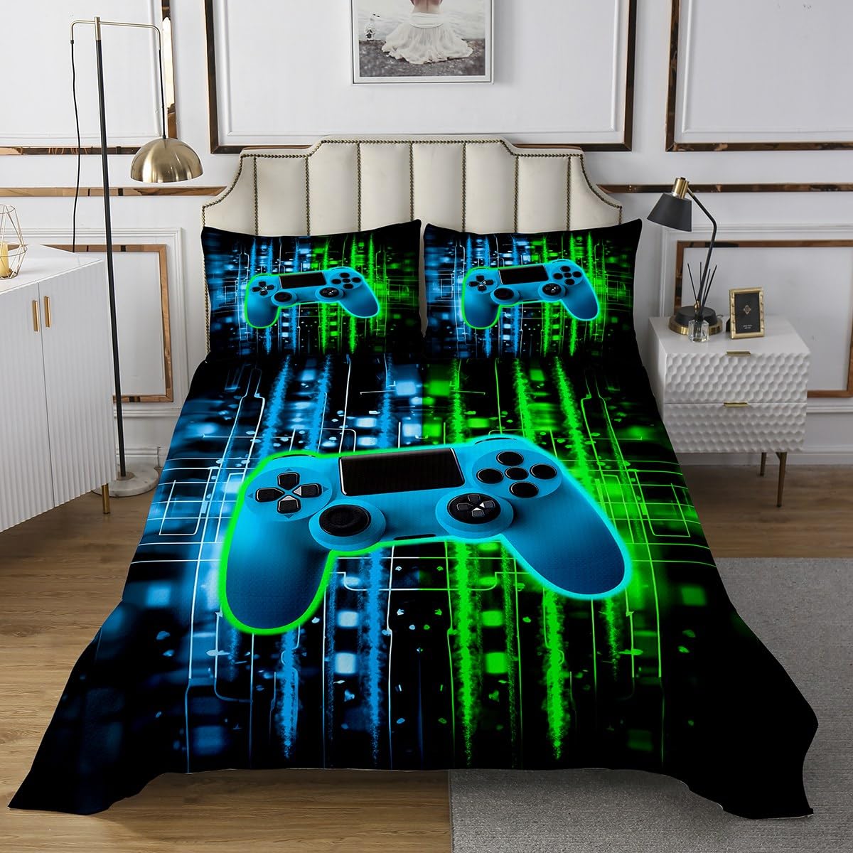 Erosebridal Green Gaming Bedspread Sets Queen Size for Boys Gamer Coverlet Set for Game Room Decor Teen Boy Gamepad Bed Set with 2 Pillow Cases Bedroom Decor,Green Blue
