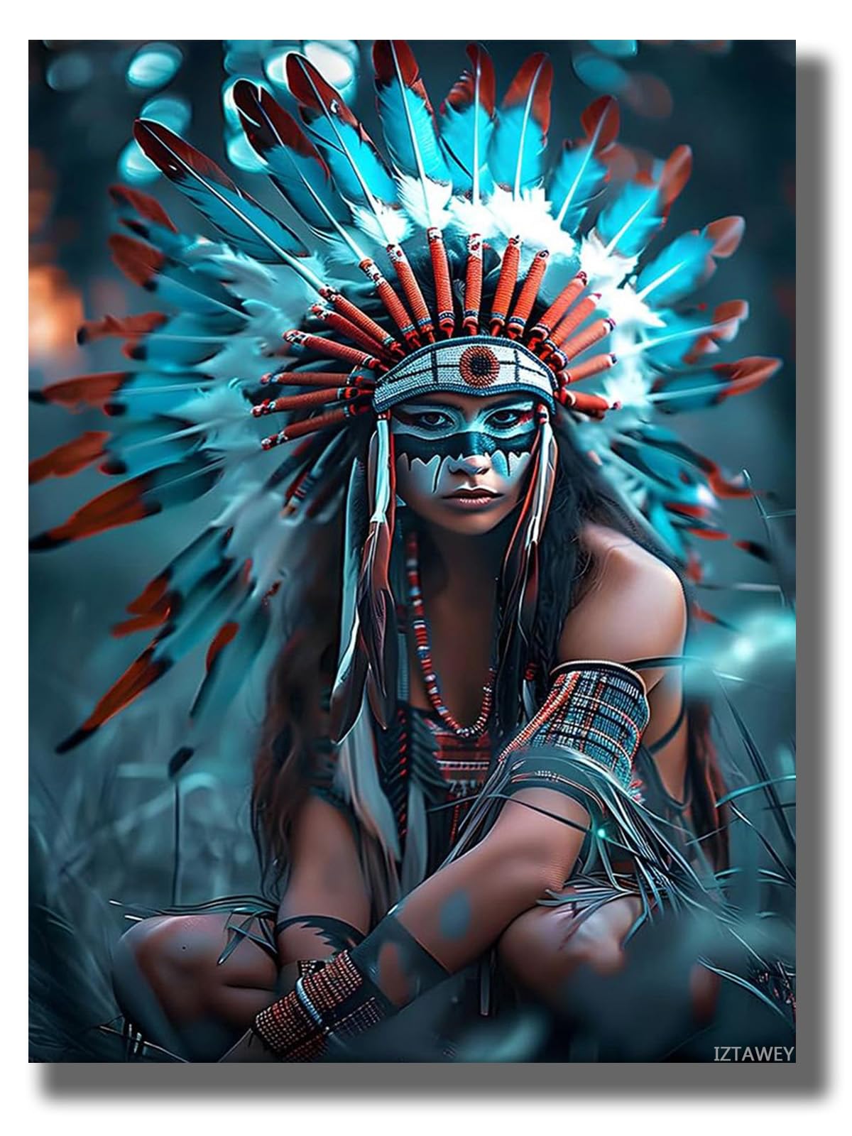 Native American Paintings, Indian Warrior Poster, Colorful Indian Woman Wall Art, Feather Headdress Portraits Canvas Prints, Abstract Pictures for Bedroom Wall Decor 12x16inch Frameless