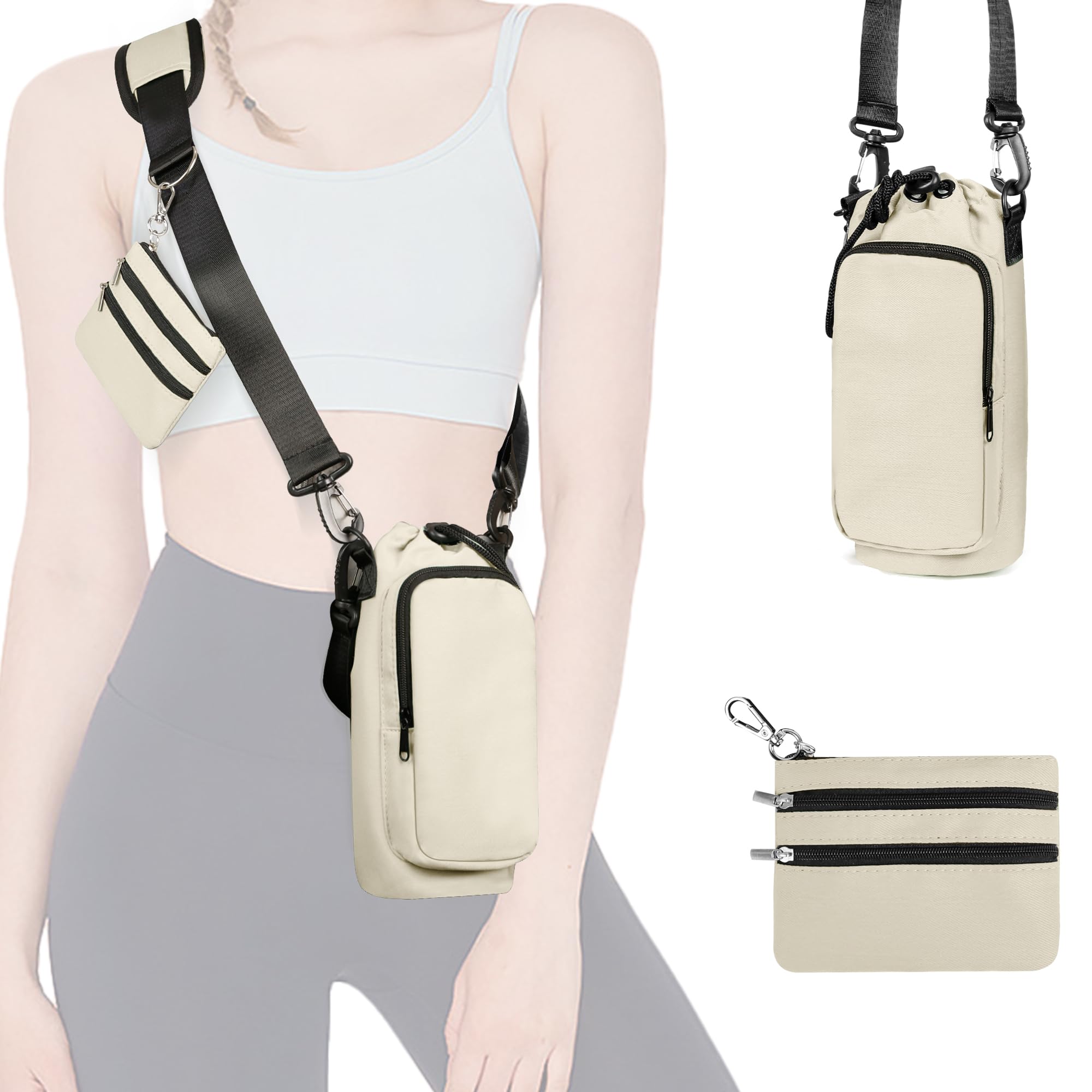 Insulated Water Bottle Carrier with Adjustable Strap - 25/32/40 oz Water Bottle Crossbody Bag with Small Purse for Hiking, Gym, Travel