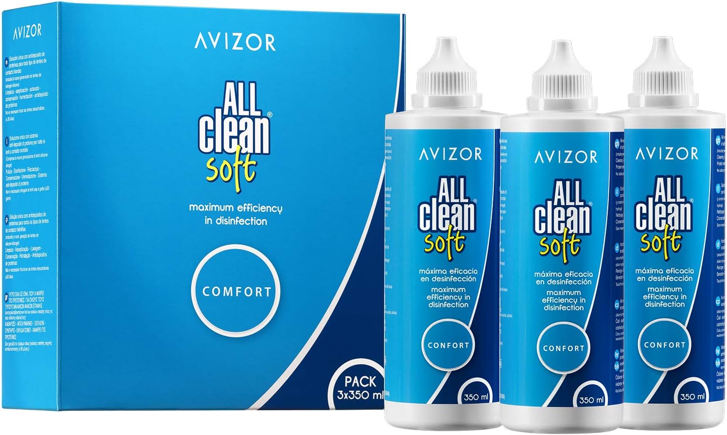AVIZOR All Clean Soft Contact Lens Liquid. Unique Solution for Cleaning and disinfecting All Types of Soft Contact Lenses. 3 x 350 ml