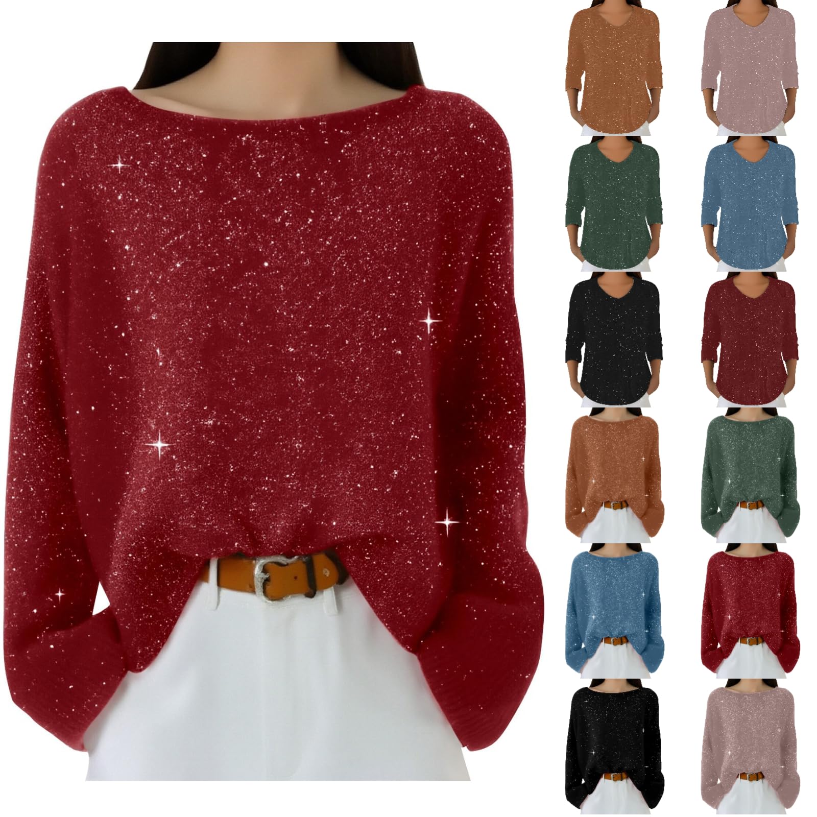 Womens Sequin Tops Christmas Crewneck Sparkle Plus Size Sweaters Casual Long Sleeve Glitter Pullover