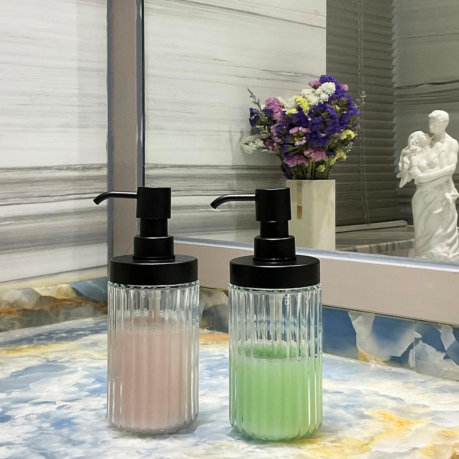 2 PCS Glass Soap Dispenser Set for Bathroom & Kitchen Sink Refillable Liquid Soap Bottle with Squeeze Pump for Hand Dish Soap, Shower Gel, Shampoo and Conditioner-425ML - Image 6