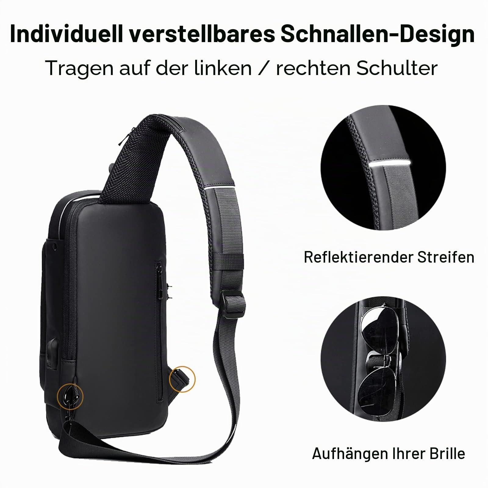 FANDARE 2026 Neue Brusttasche Sling Bag Geschäft Schultertasche mit USB Passwortschutz Crossbody Bag Umhängetasche Wasserdicht für Reisen Wandern mehrere Taschen Sling Daypacks Schwarz Braun