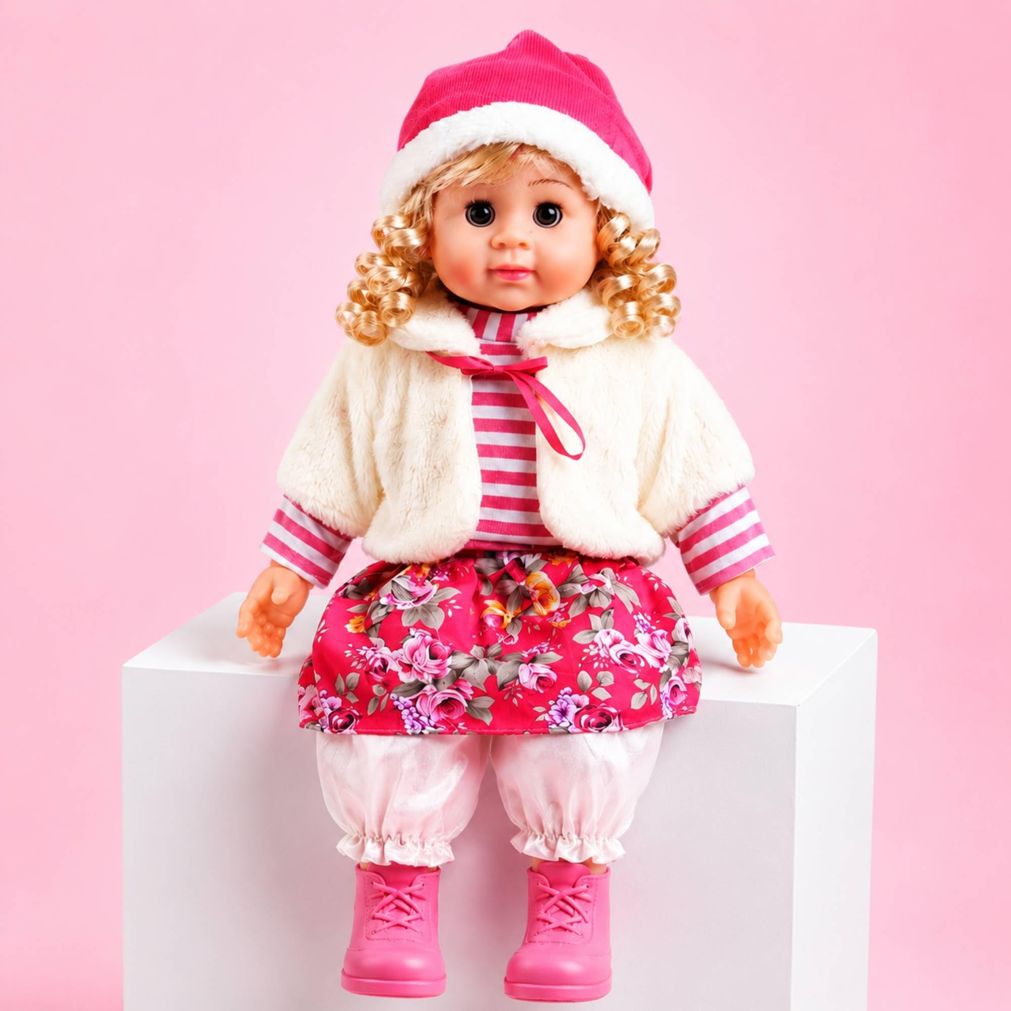 DZLING Musical Doll Singing Rhyming Soft Stuffed Push Touch Sensor Doll Toy for Baby Girls | Press Chest to Play Songs & Rhymes | Soft Hair, Cute Dress | Battery Operated | Pink | Age 3+ Years-image-1