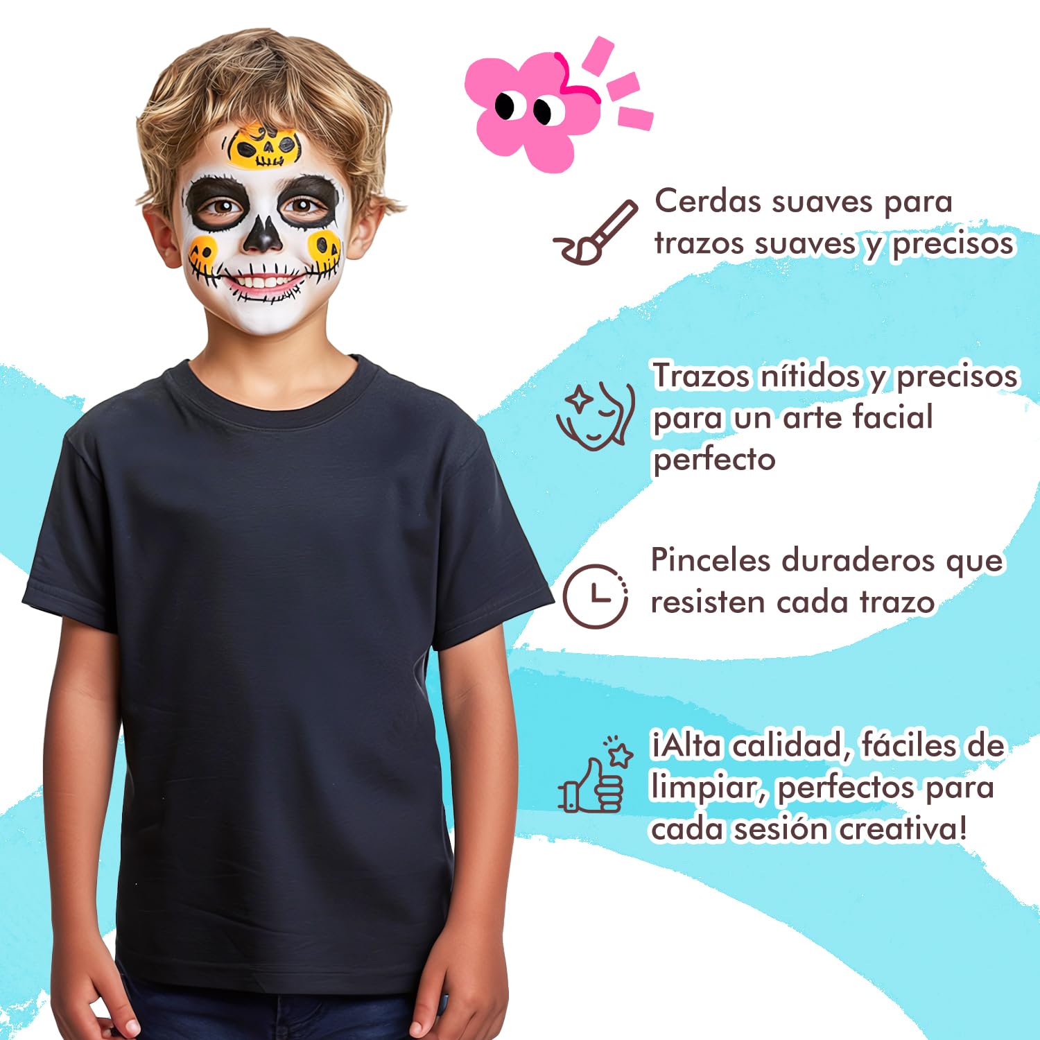 Pinceles Maquillaje para Niños - 7 Piezas Pinceles Profesionales de Pelo Sintético para Pintura Facial, Maquillaje Teatral, Carnaval, Maquillaje Niños Halloween I Pincel Maquillaje Infantil