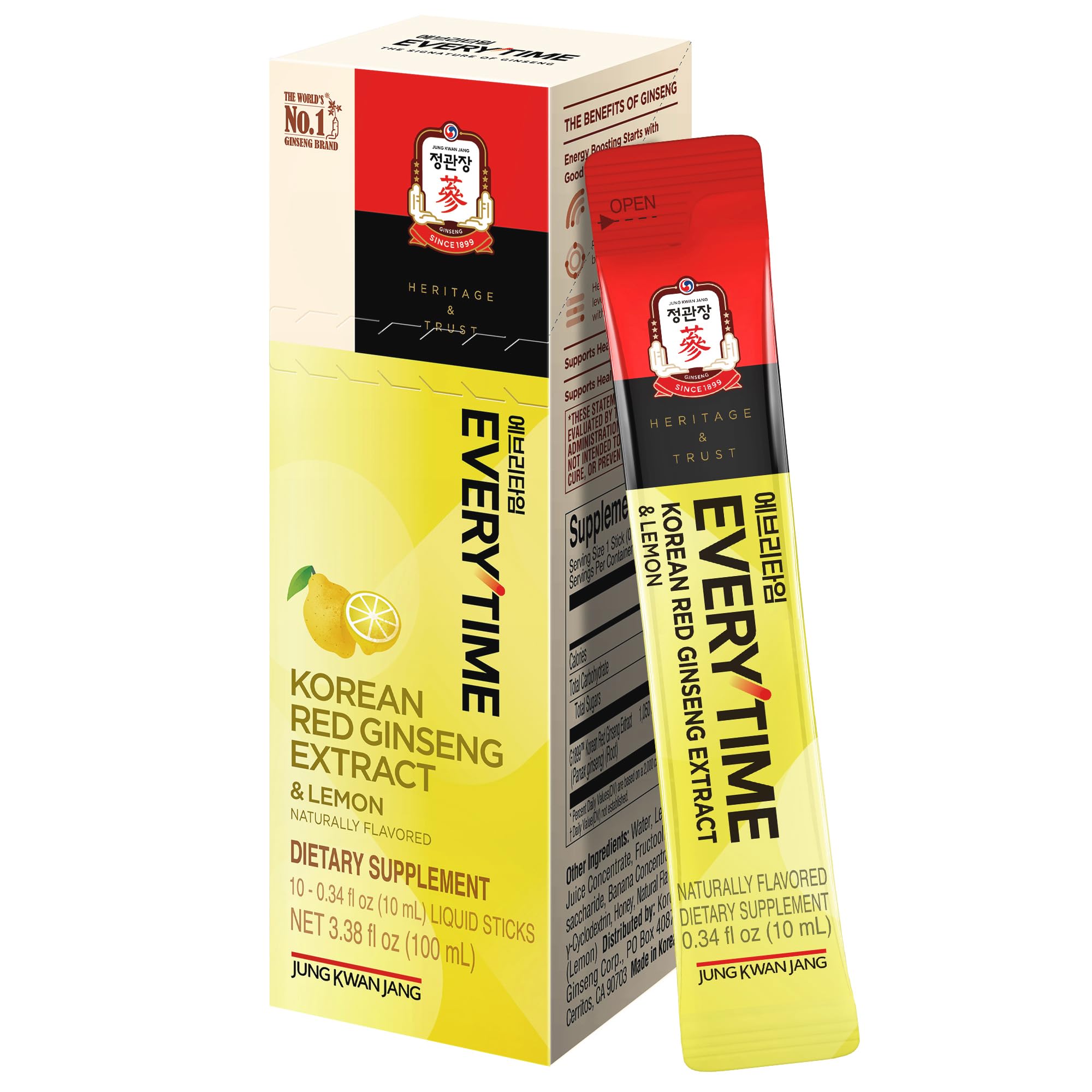 JUNG KWAN JANG Everytime Korean Red Ginseng Extract 1,050mg & Lemon - Vegan Energy Drink Liquid Stick Supplements - Builds Stamina & Immunity, Non-GMO (10 Sticks, 0.34 fl oz)