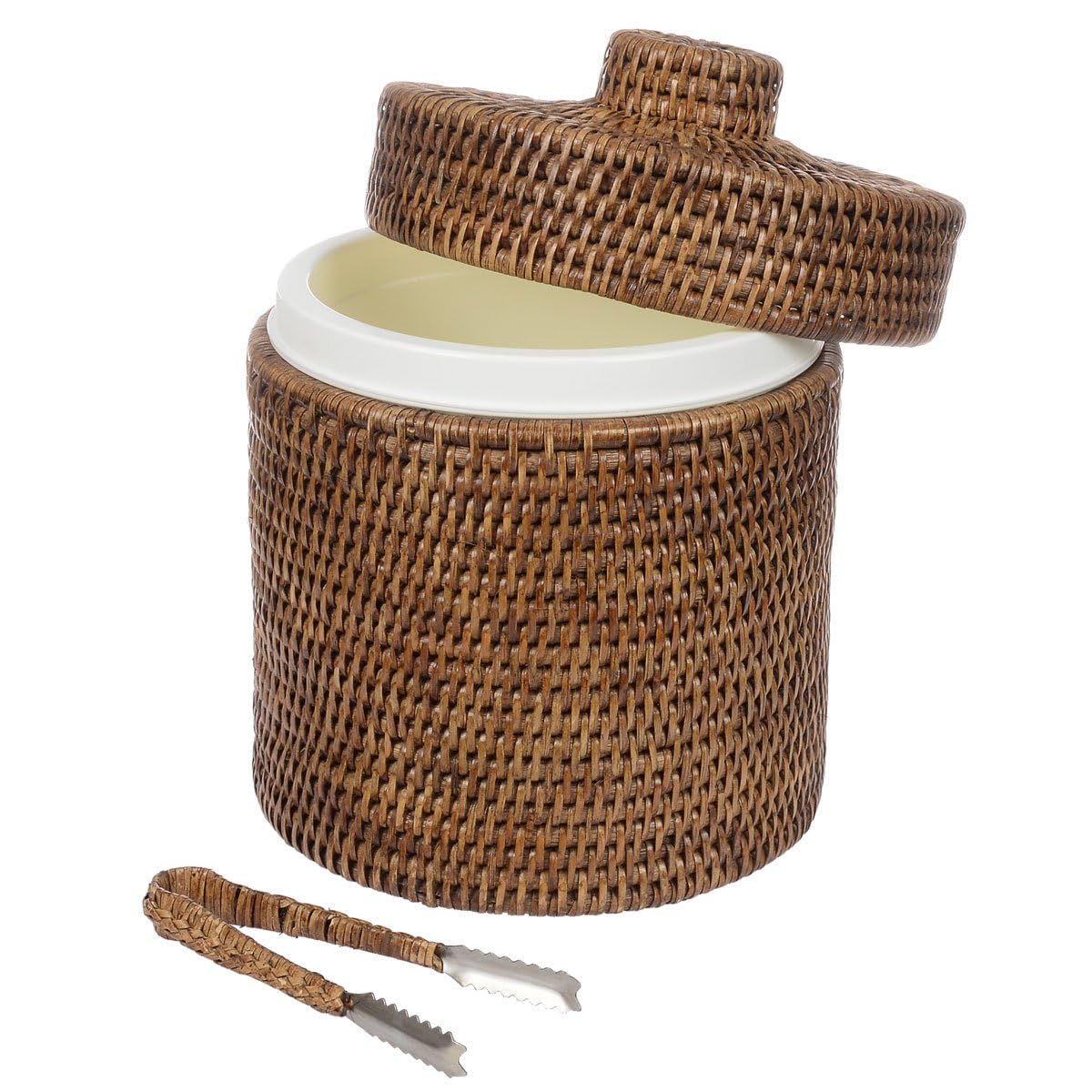 Seau à glace/seau à glace, avec couvercle et pince, en plastique et rotin tressé, Ø 20 x H 25 cm/2,5 l, pour bouteilles et glaçons, FL99434-AB