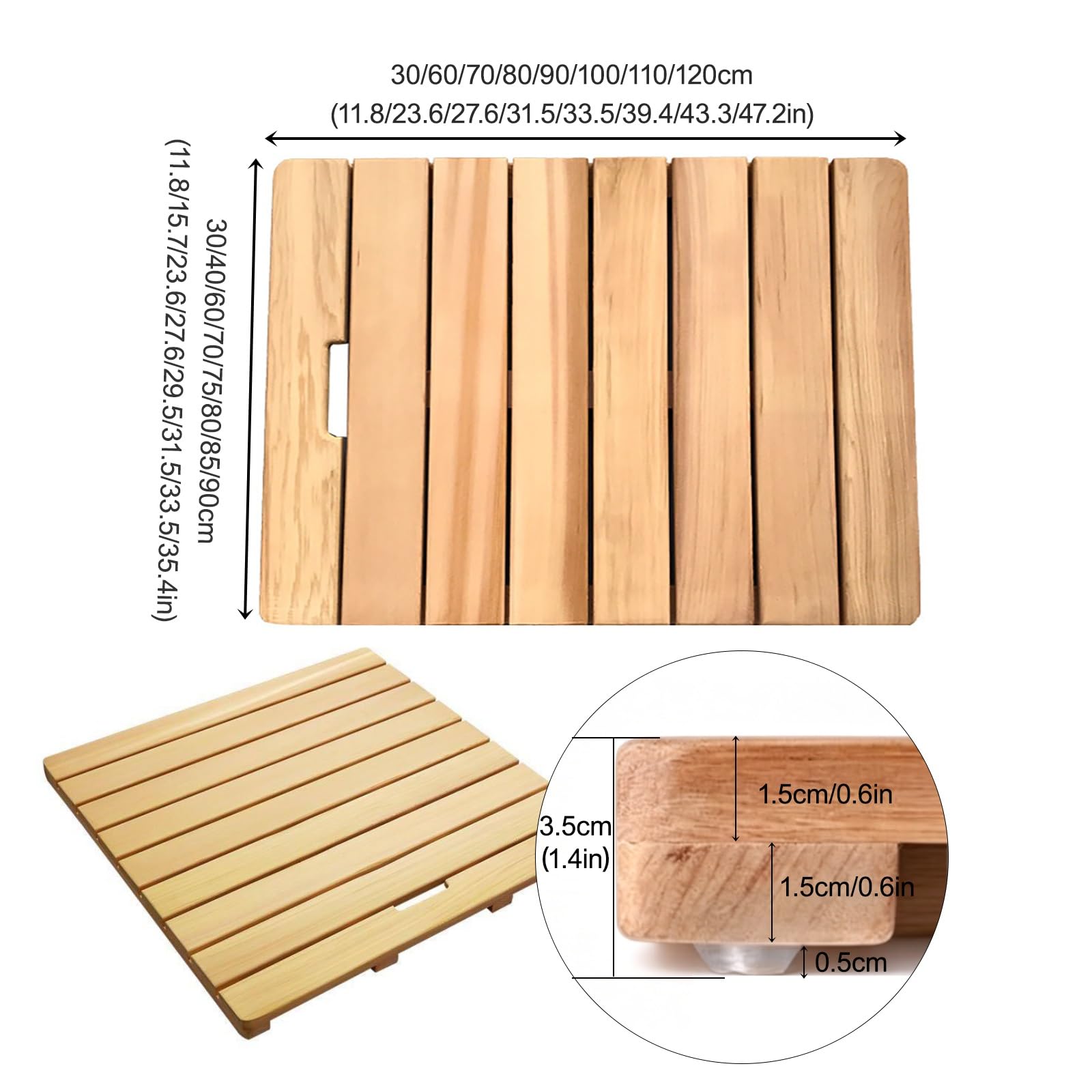 Tappetino Bagno in Legno - Pedana Doccia in Legno di Cedro Rosso - Antiscivolo con Maniglia per Bagno Sauna e Spa(Light,60x70cm/23.6x27.6in)