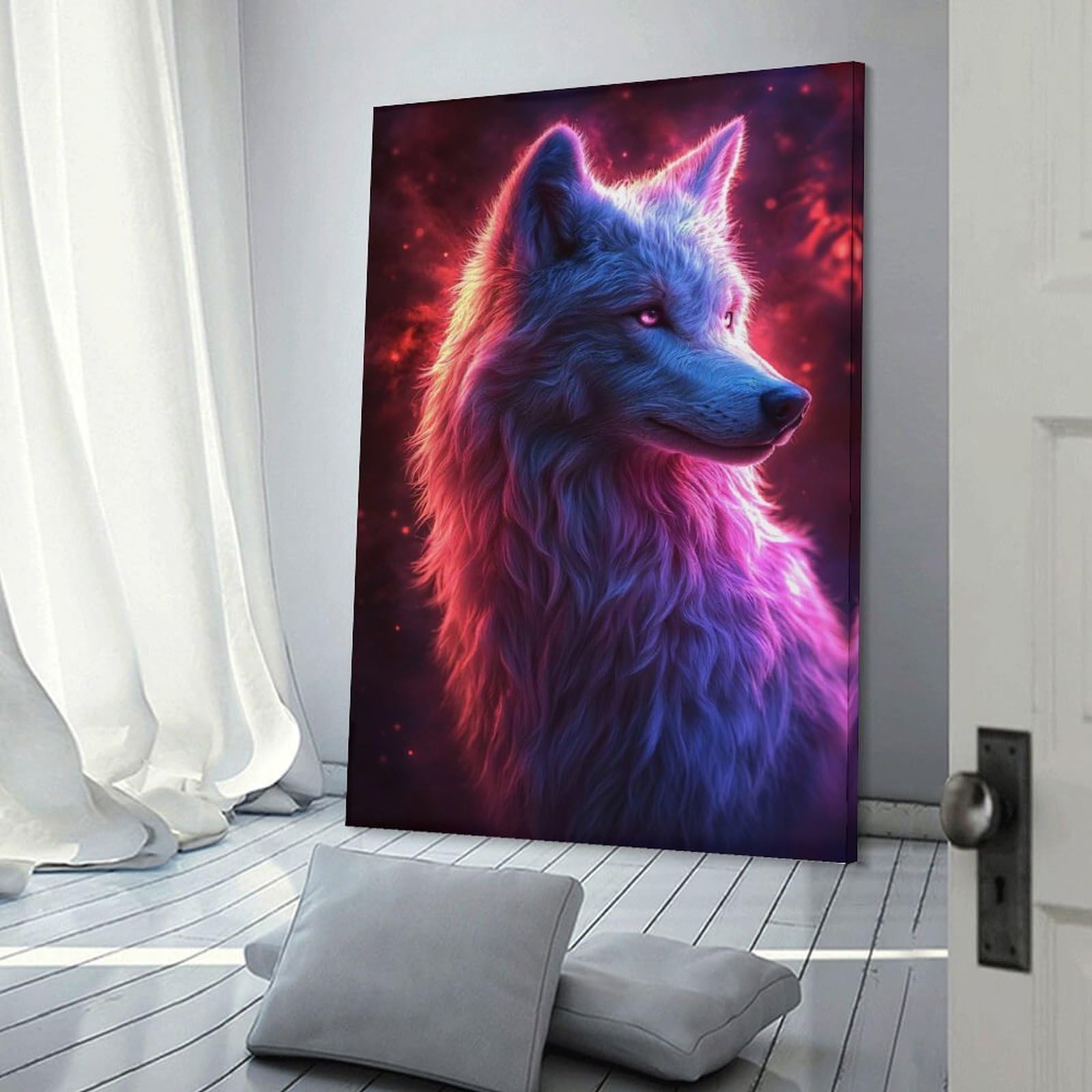 Junmoney Canvas Wall Decor Neon Wolf Portrait, 20x30inch(50x75cm), for Flats, Guest Rooms Or Compact Rooms, Wall Decor with Flexible Room Appeal