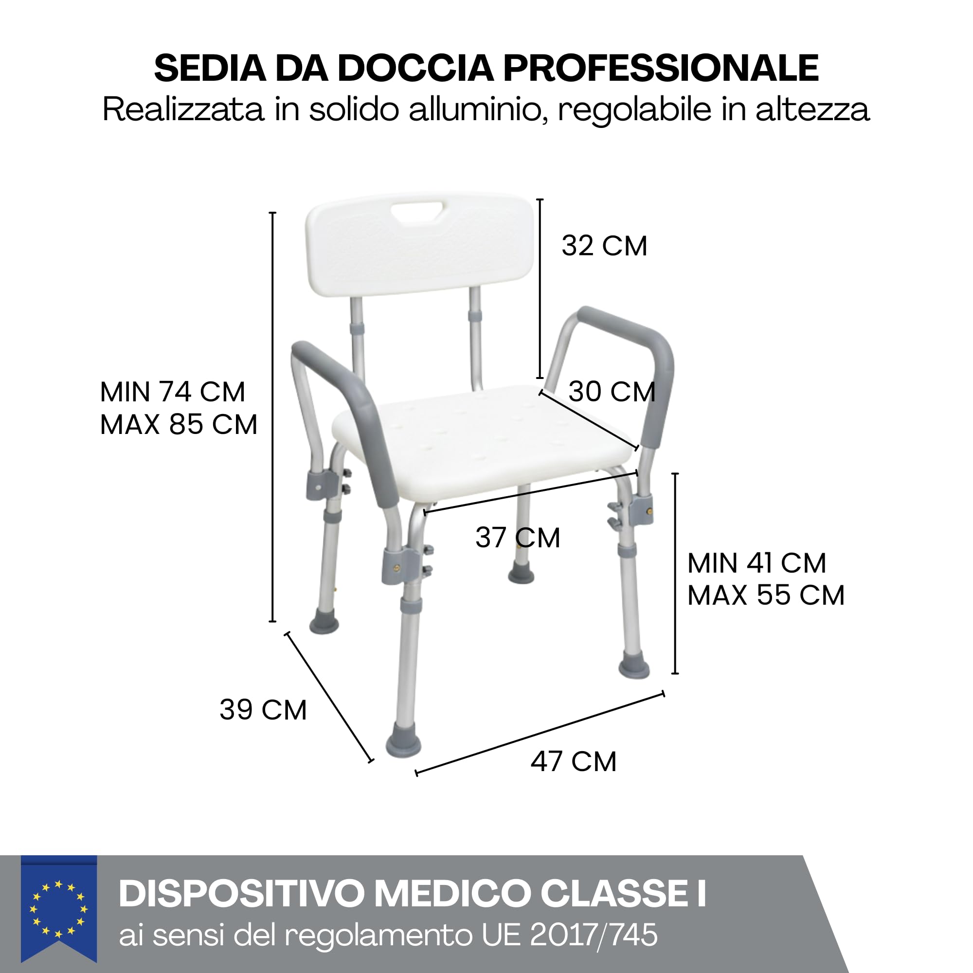 Sedia per Doccia con Schienale e Braccioli Estraibili per Anziani o Bambini - Altamente resistente, Design Antiscivolo - Ergonomica - Vasca da Bagno