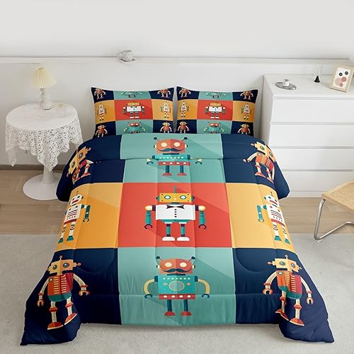 Miniatura 2 de Erosebridal Juego de edredón de robot tamaño individual, juego de ropa de cama de decoración de robot espacial para dormitorio de niños y niños,