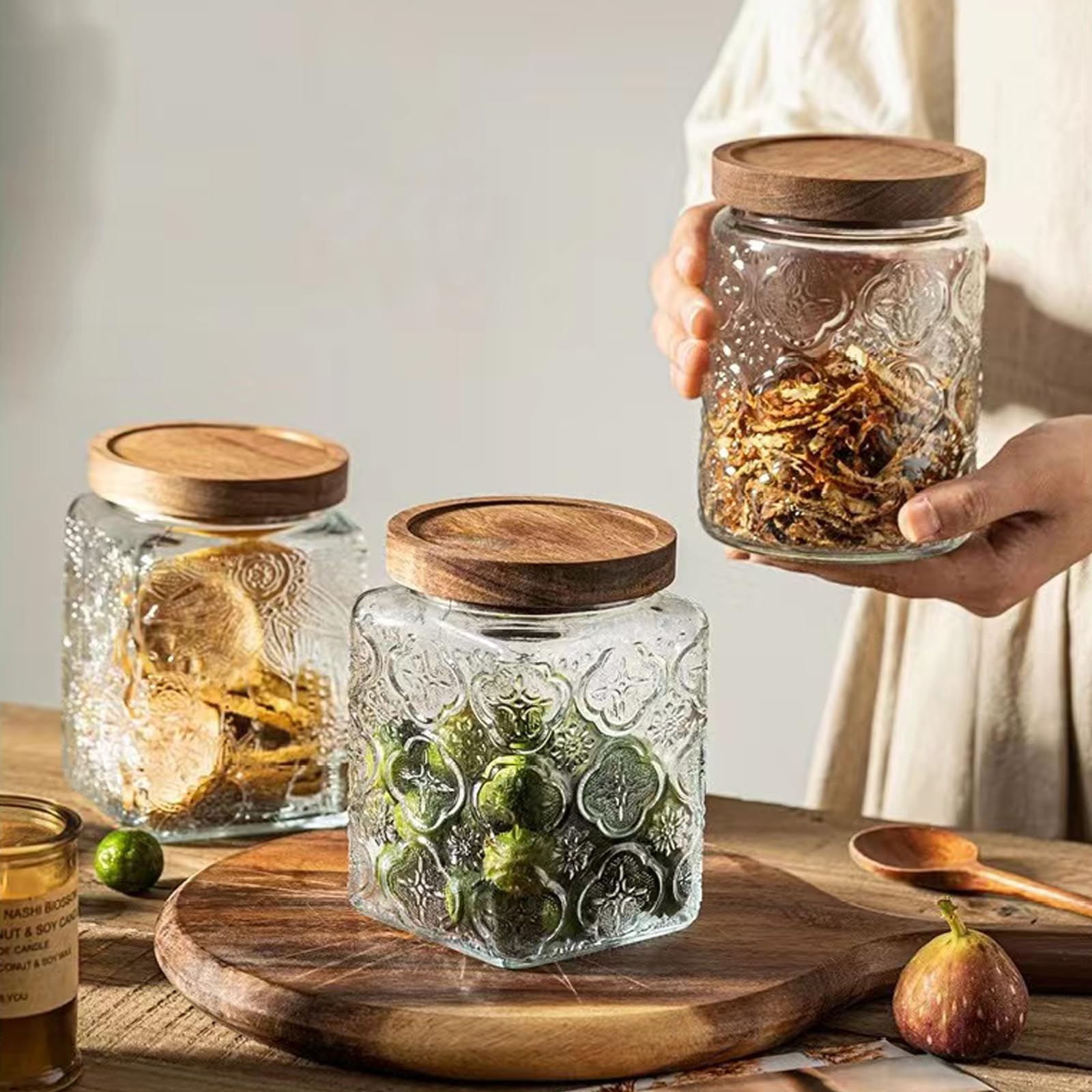 Luftdichte Vorratsdose aus Glas im Vintage-Stil, mit luftdichtem Holzdeckel, für Küchentheke, Speisekammer, Tee, Zucker, Kaffee, Teebohnen, Frischhaltedose (2 x Sonnenblume + 2 x Pflaume)