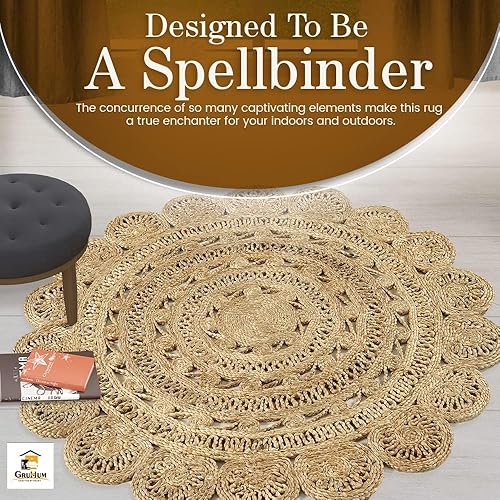Vista 14 de GRUHUM Alfombra tejida a mano de yute redonda de 6 pies de fibra natural, alfombra rústica vintage bohemia y reversible trenzada beige, alfombras
