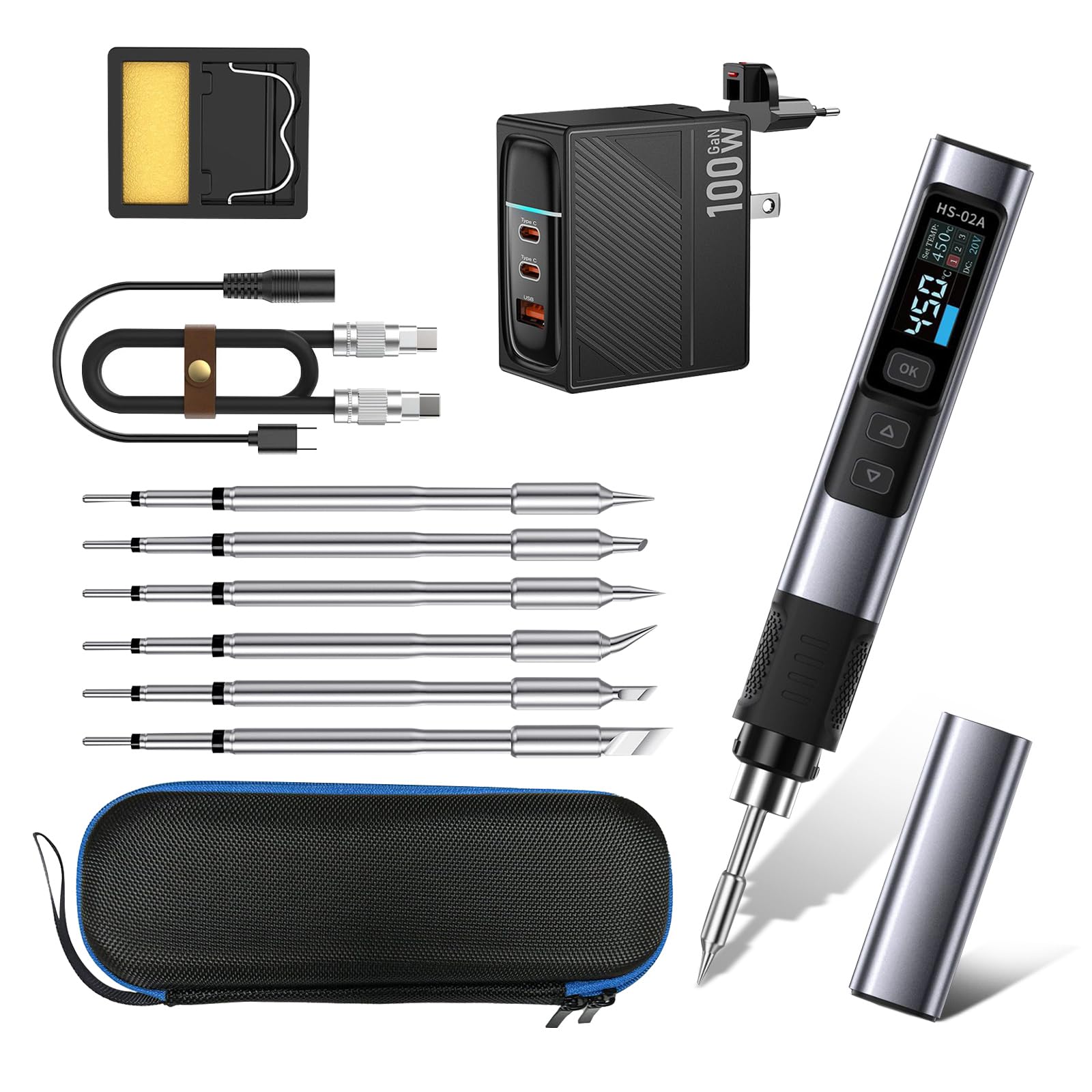 JOJOCY HS-02A Portable Digital Soldering Iron Kit, 100W 180-842°F/100-450°C 2s Fast Heating 6 Soldering Tips Plug-in With Bag Auto Sleep