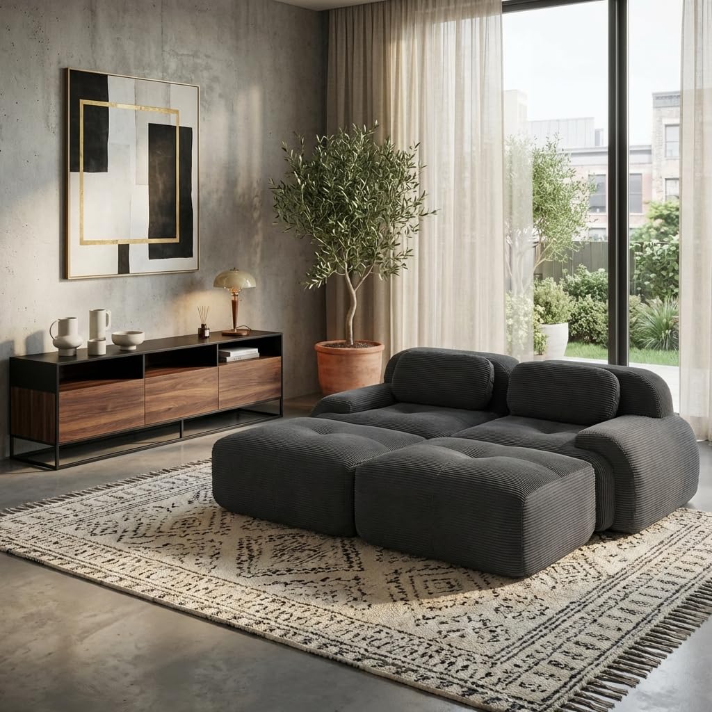Cloud-Stil modulares Bodensofa, tiefes Sitzsofa 2 Sitzer mit 2 Hockern, Cordstoff, kein Aufbau erforderlich, für Wohnzimmer, Lounge und Schlafzimmer,Grau