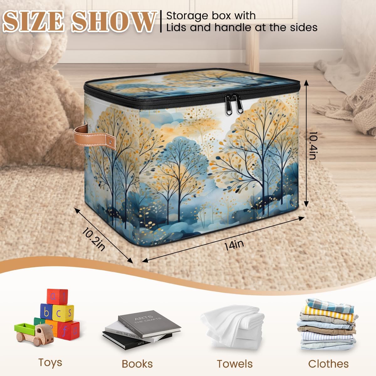 Storage Bin Set of 2 Autumn Trees Storage Basket with Zipper Lid & Handle Foldable Closet Shelf 2 Pack Cloth Organizer Basket Cube Bins Clothes Organizer for Bedroom, Nursery