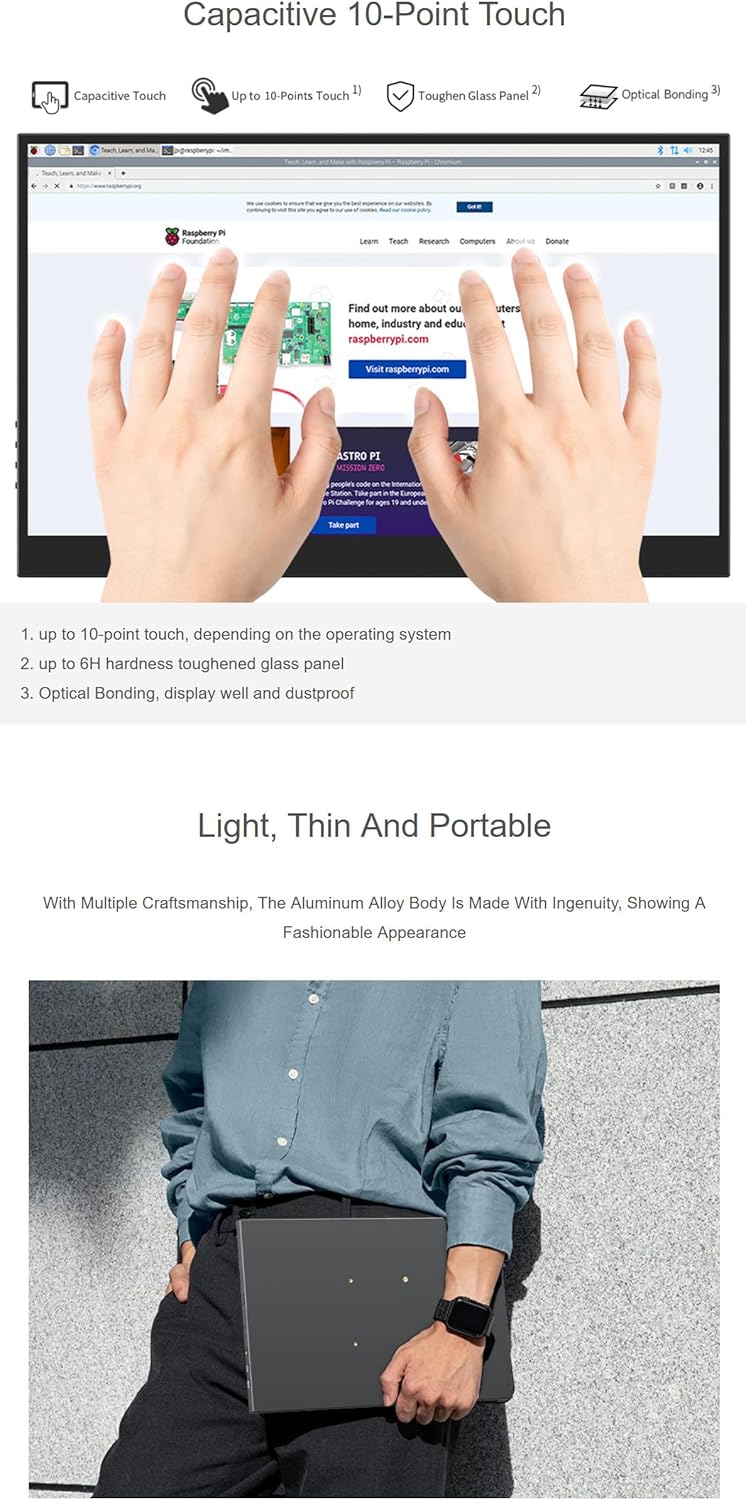 15.6inch Capacitive Touch Monitor for Raspberry Pi 5/4B/3B/Zero/Zero W/Zero 2W/Pico/Pico, Supports Windows 11/10/8.1/8/7, Type-C/mini HDMI Interface 15.6inch FHD Monitor (C)