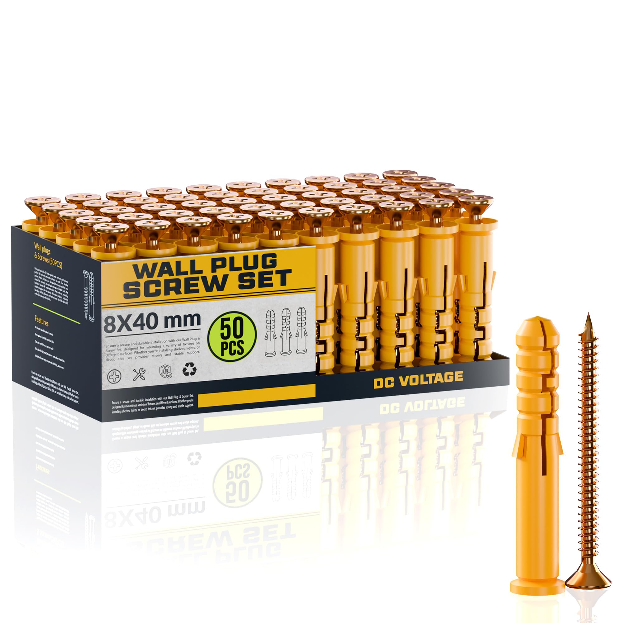 50pcs Screws and Wall Plugs Set, 8 x 40mm Masonry Brick Concrete Wall Plasterboard Fixings Self Drilling Screws and Wall Raw Plugs Anchor Bolts