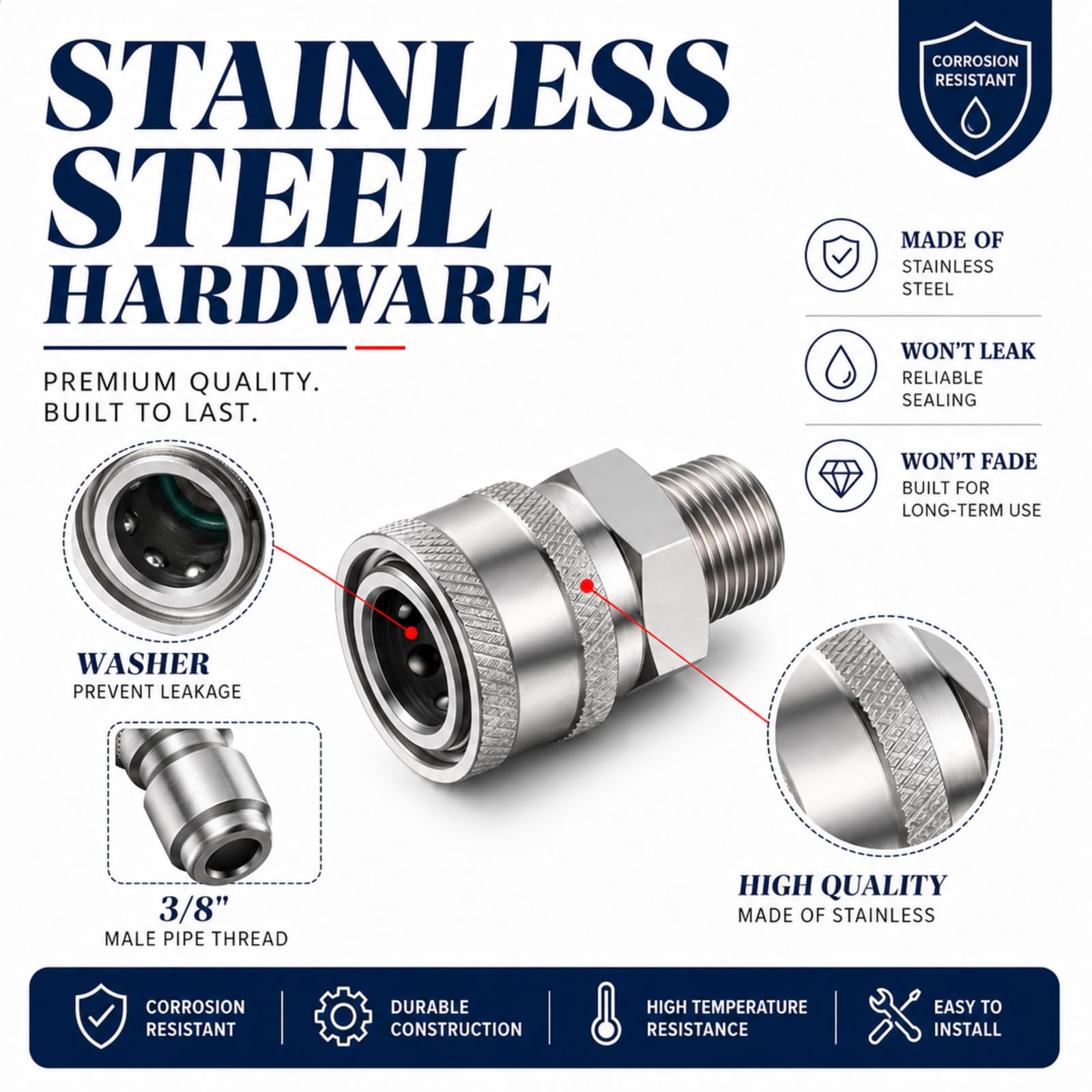 Hotop NPT 3/8 di pollice in acciaio inox maschio e femmina Quick Connector Kit adattatori idropulitrice (12 pezzi)