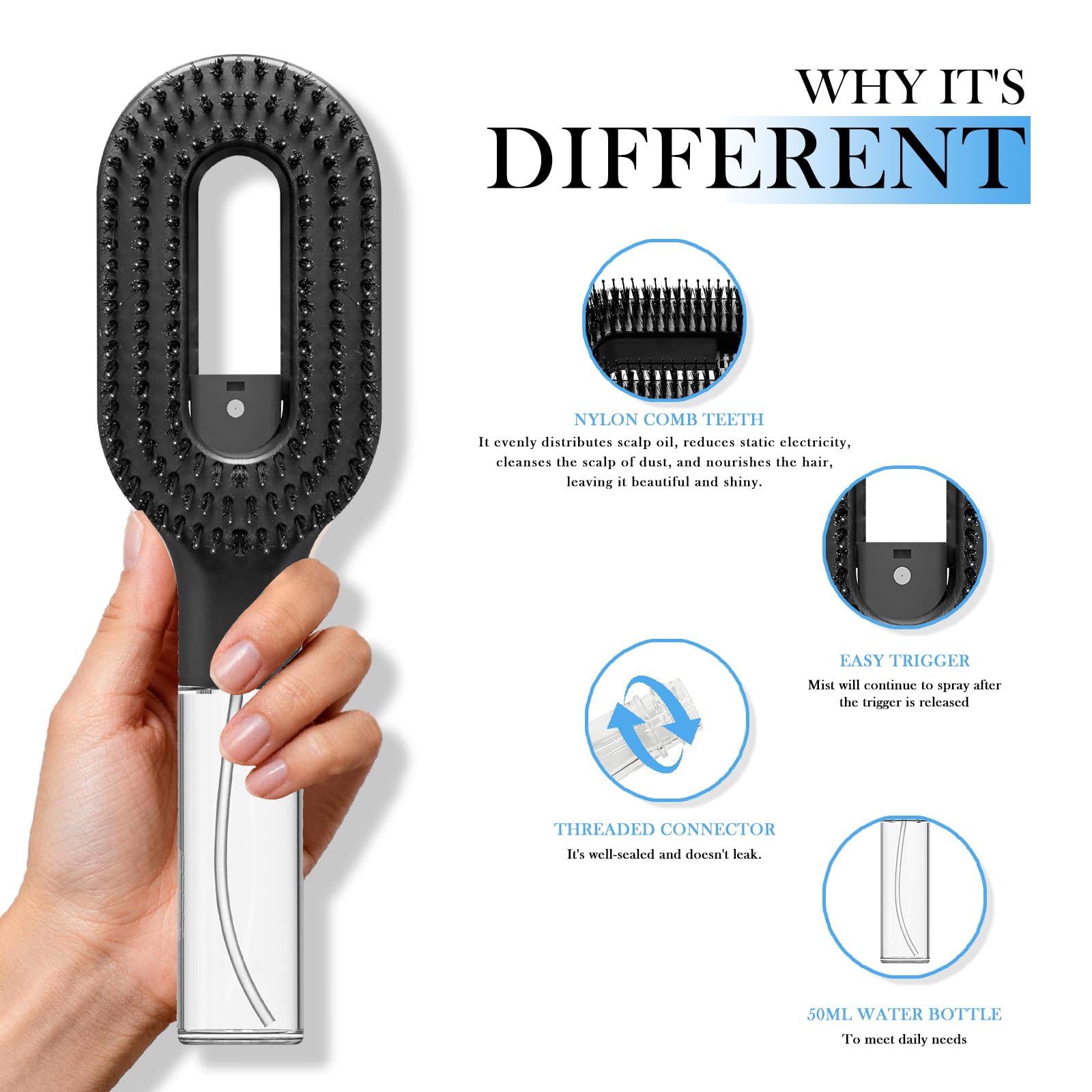 Ręczna szczotka do rozczesywania włosów 2 w 1 ze zbiornikiem 50 ml, czarna
