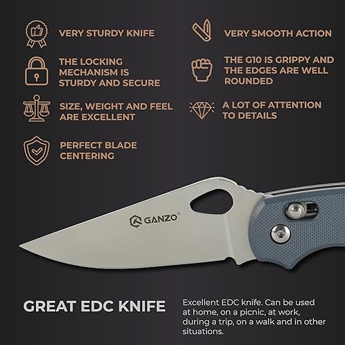 Miniatura 4 de Ganzo G729-GY - Cuchillo de bolsillo plegable, hoja de acero inoxidable 440C, mango ergonómico G10 antideslizante con clip, caza, pesca, campamento,