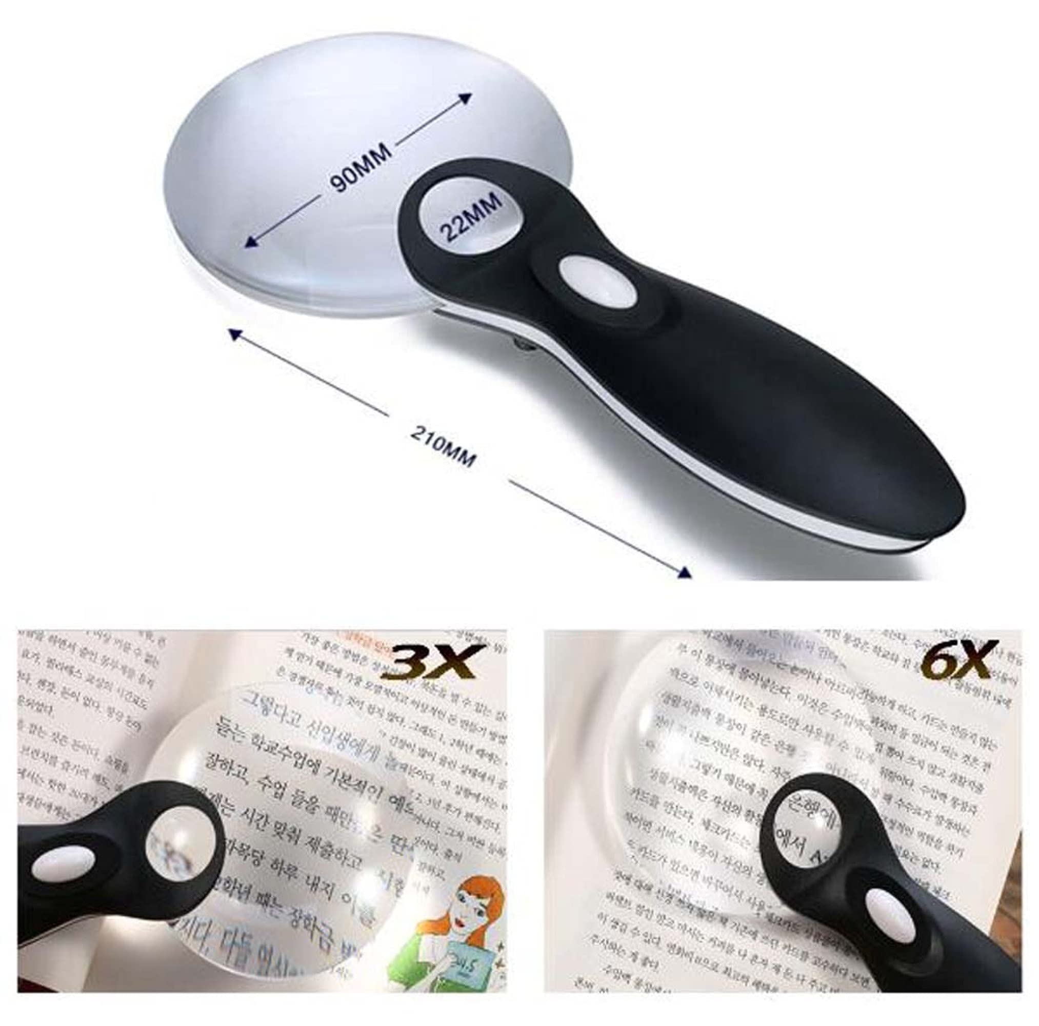 2-LED-Licht, 3- bis 6-fache Vergrößerung, Handlupe, Leselupe ohne Rand, für Senioren, Menschen mit Sehschwäche, Bücher, Seiten, Zeitschriften, Zeitungen, Landkarten – das perfekte